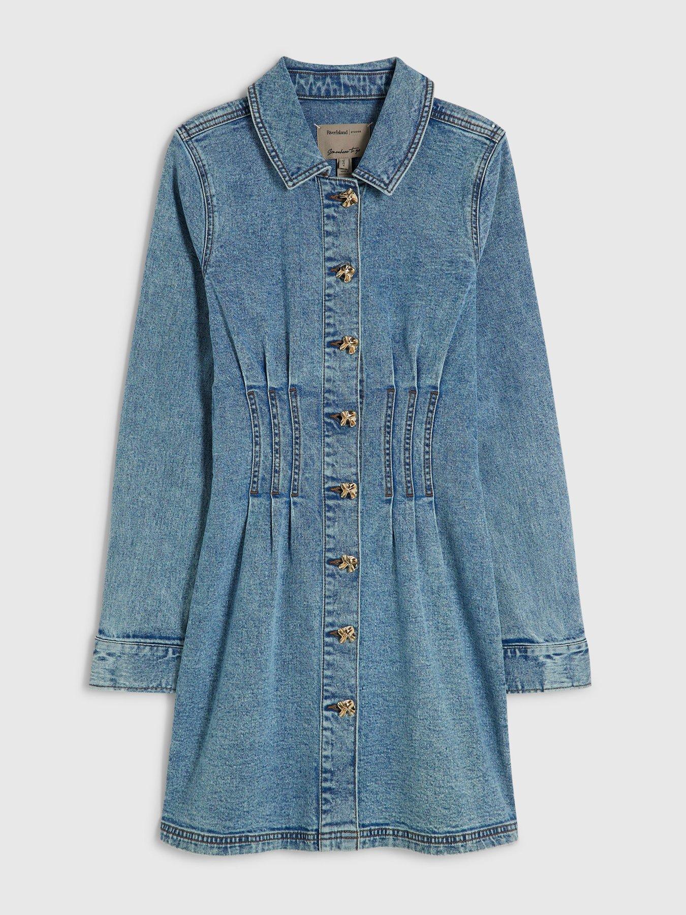 Image 5 of 6 of River Island Womens Cinched Waist Button-Through Mini Denim Dress - Blue