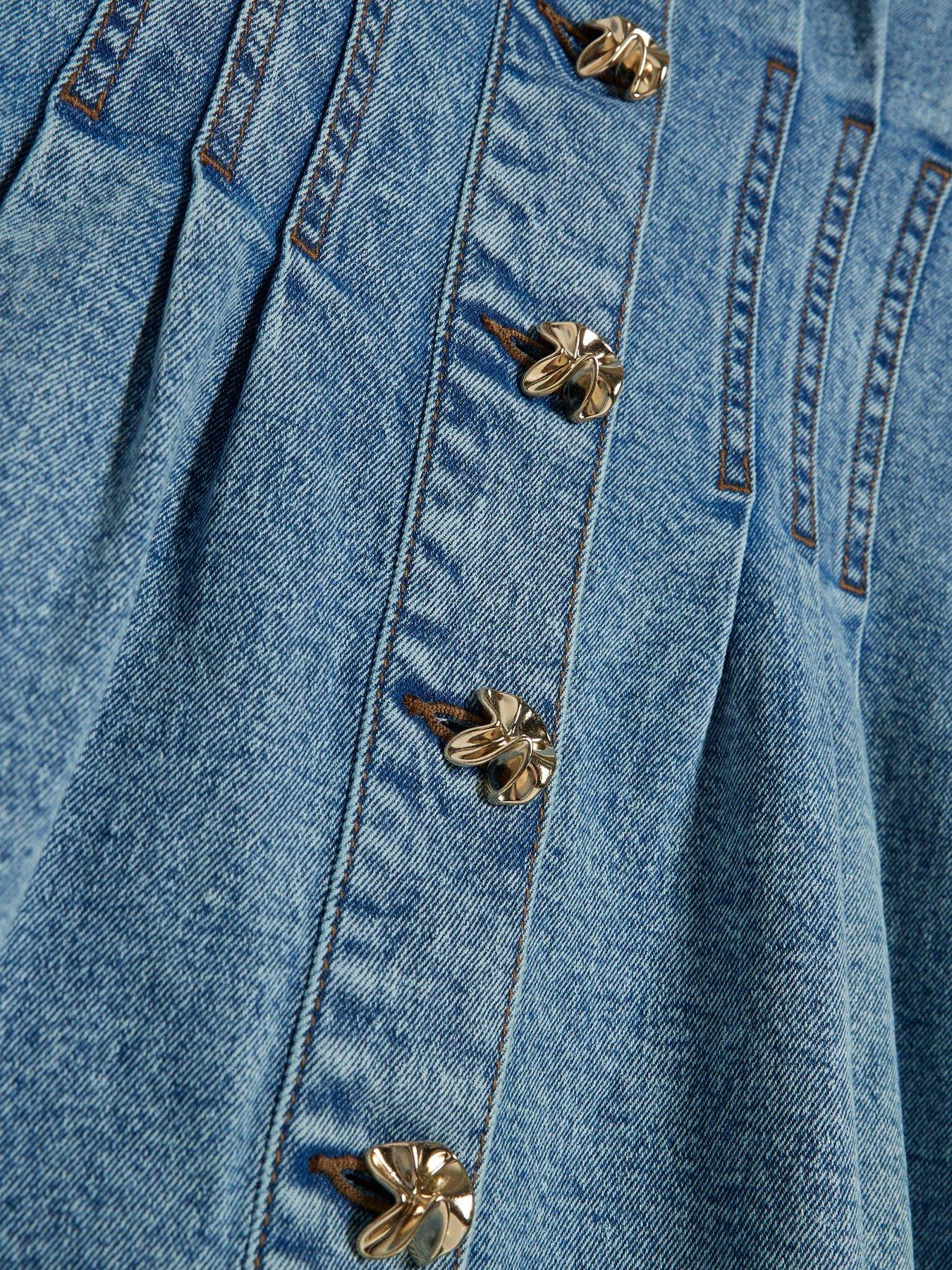 Image 6 of 6 of River Island Womens Cinched Waist Button-Through Mini Denim Dress - Blue