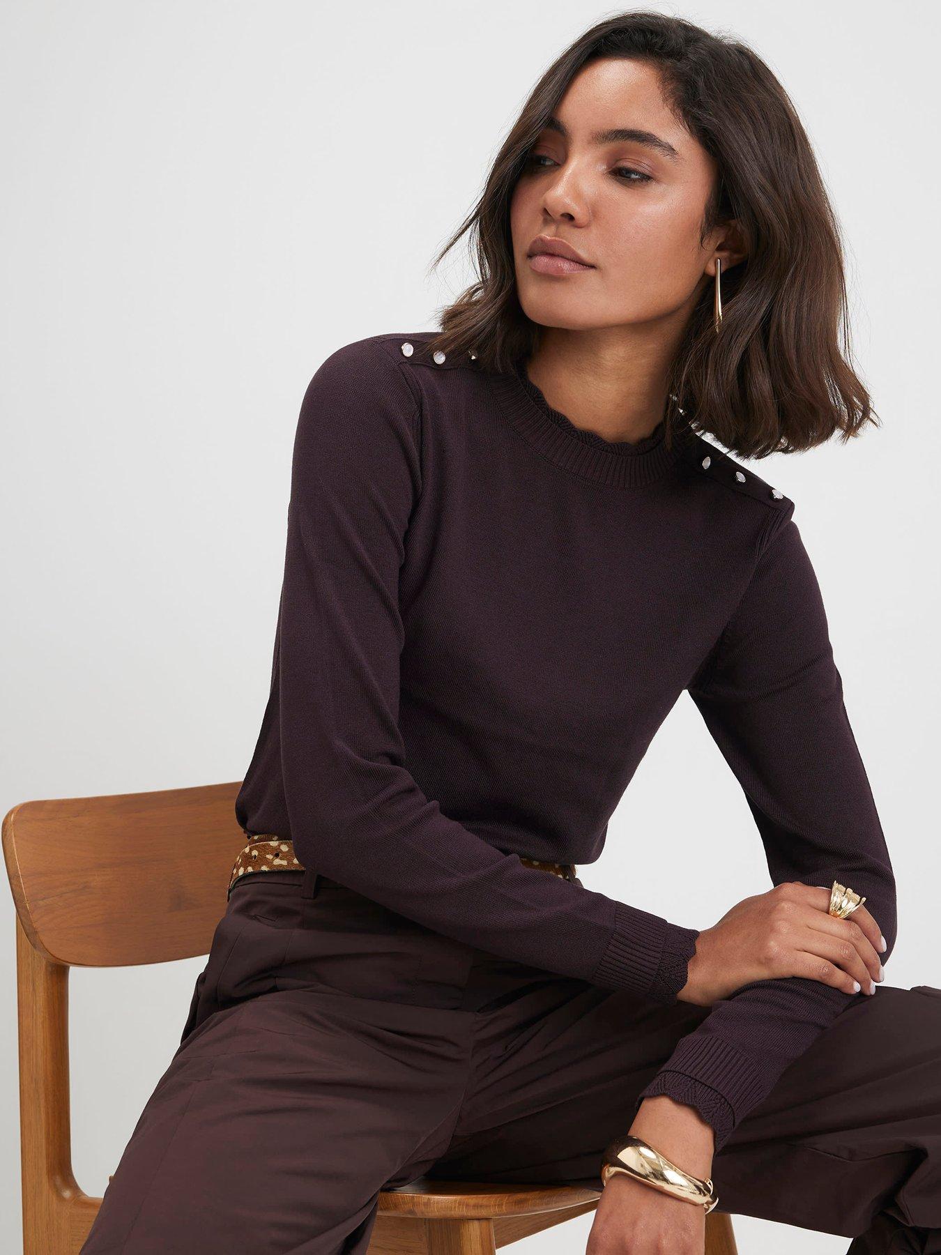 Image 1 of 5 of River Island Knitted Pointelle Trim Long Sleeve Top - Brown