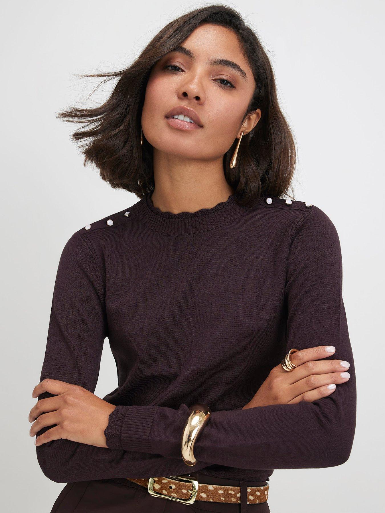 Image 3 of 5 of River Island Knitted Pointelle Trim Long Sleeve Top - Brown