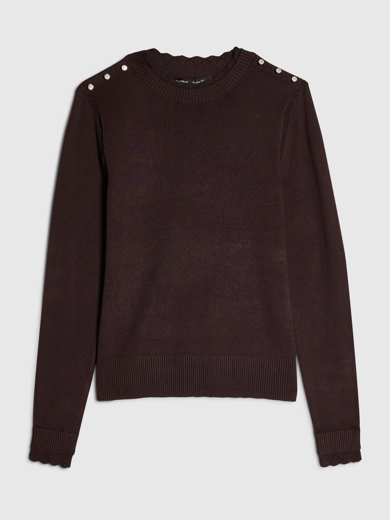 Image 4 of 5 of River Island Knitted Pointelle Trim Long Sleeve Top - Brown