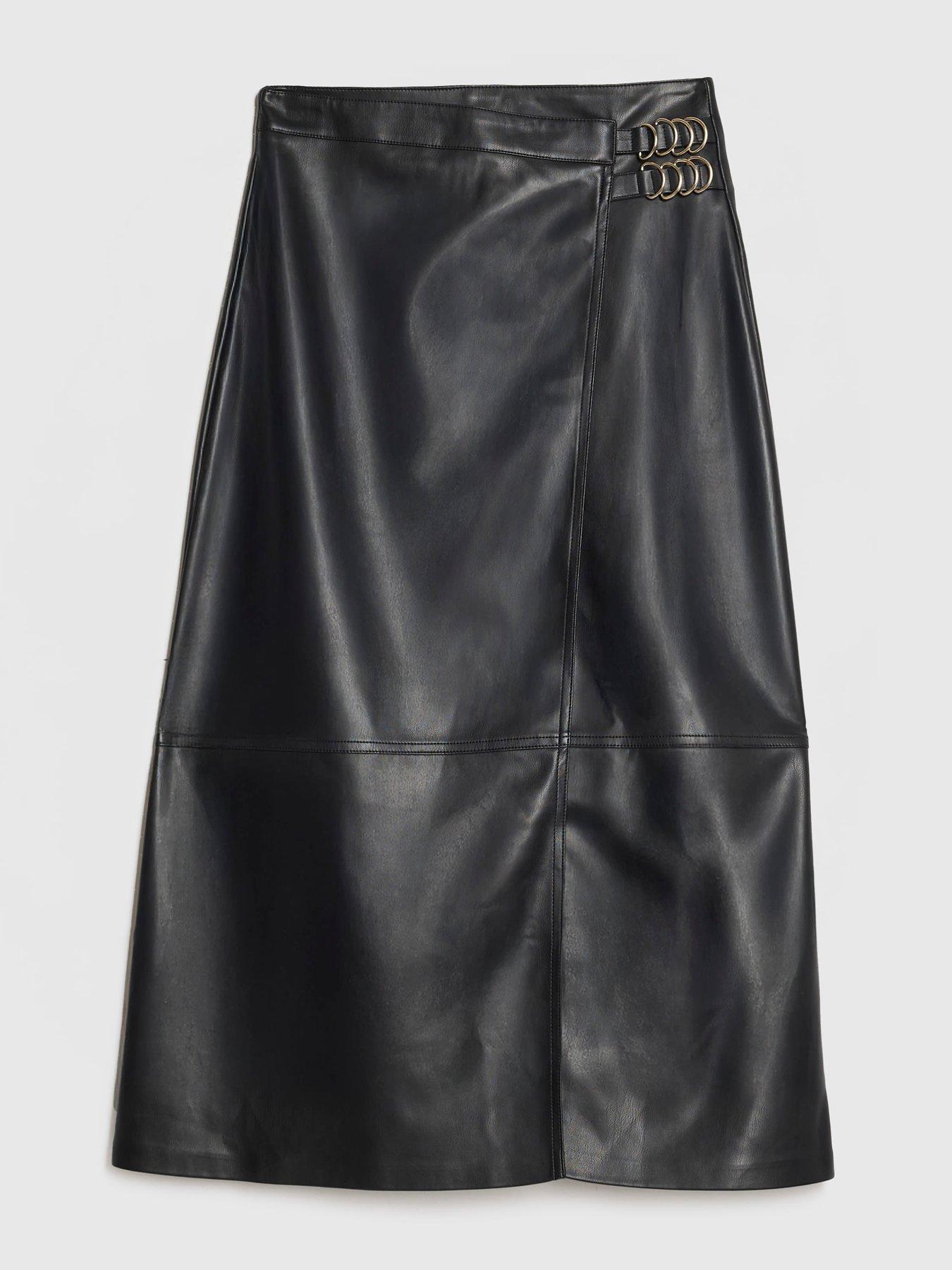 Image 5 of 6 of River Island Wrap Ring Buckle Split Midi Skirt - Black