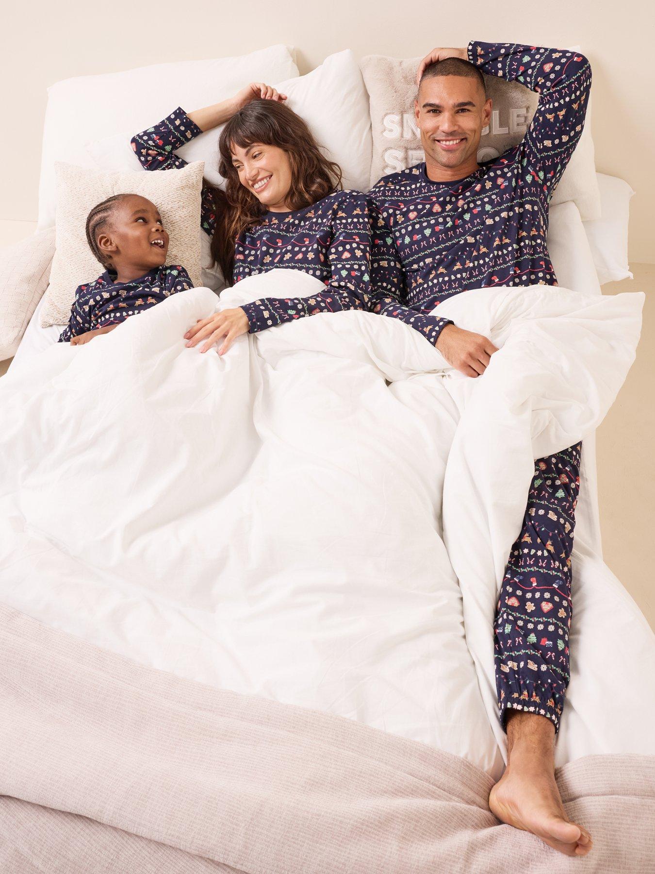 Image 1 of 7 of The Very Collection Mens Family Christmas Pyjama Cotton Reindeer Fairisle Top And Jogger Set - Navy