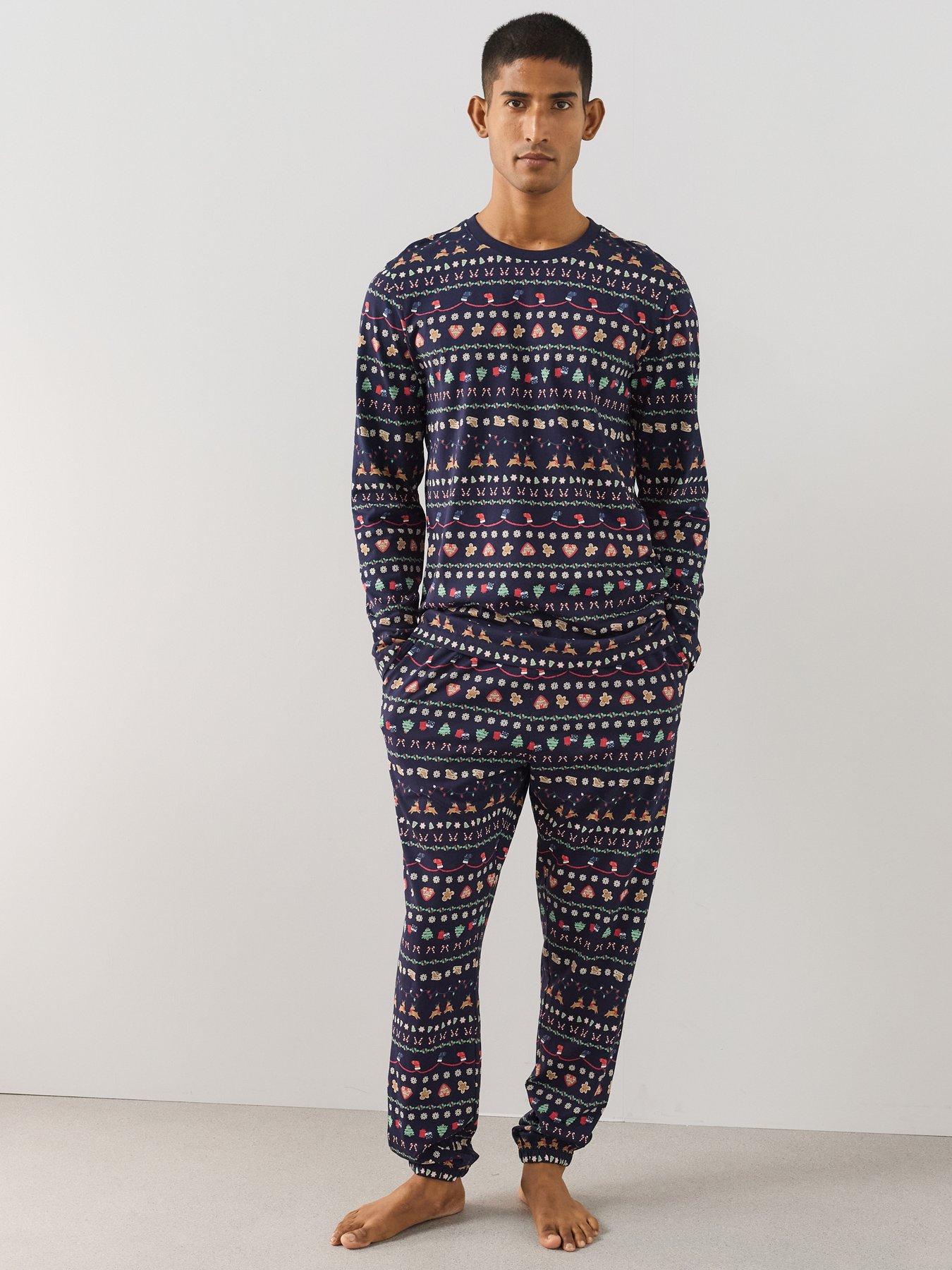 Image 2 of 7 of The Very Collection Mens Family Christmas Pyjama Cotton Reindeer Fairisle Top And Jogger Set - Navy