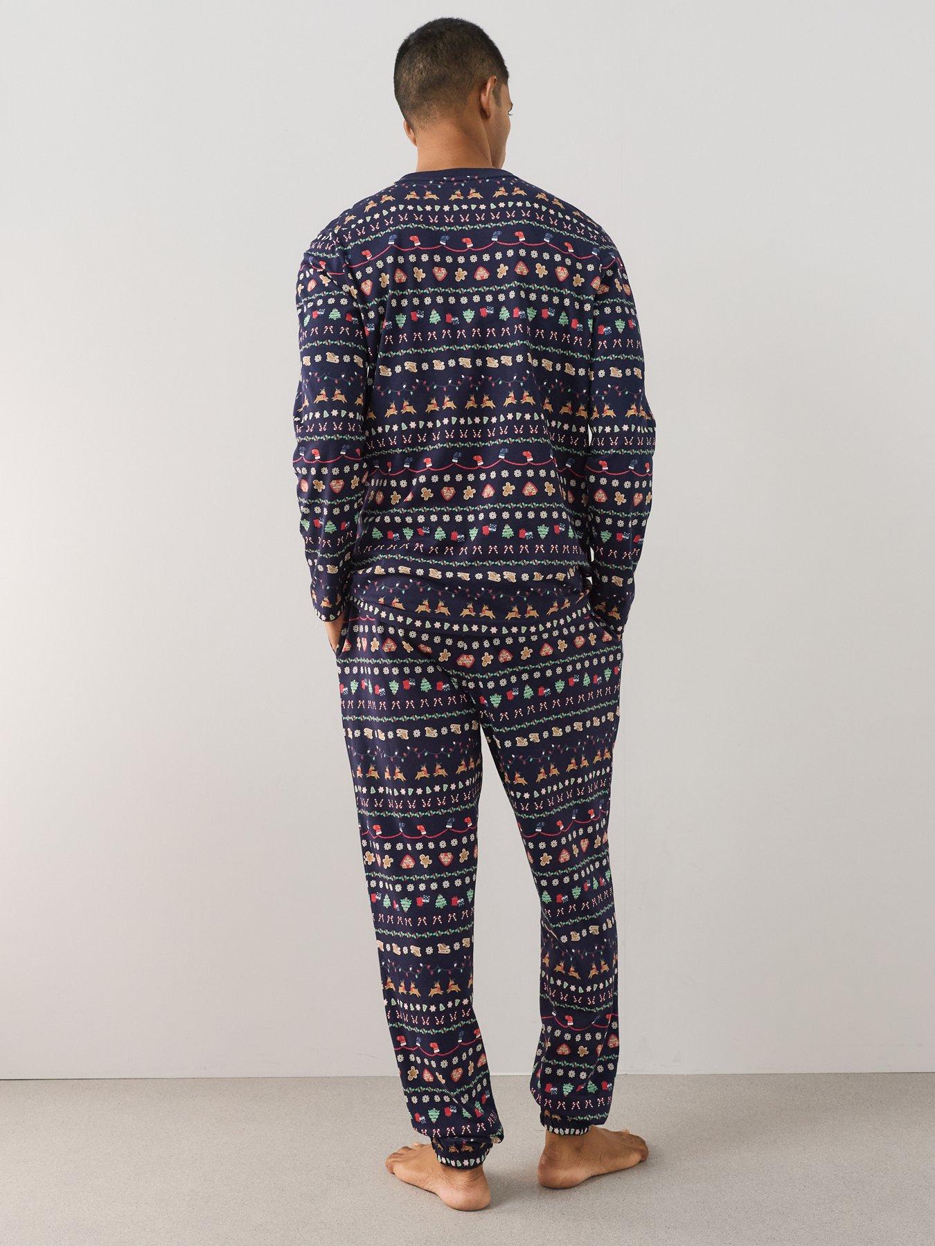 Image 3 of 7 of The Very Collection Mens Family Christmas Pyjama Cotton Reindeer Fairisle Top And Jogger Set - Navy