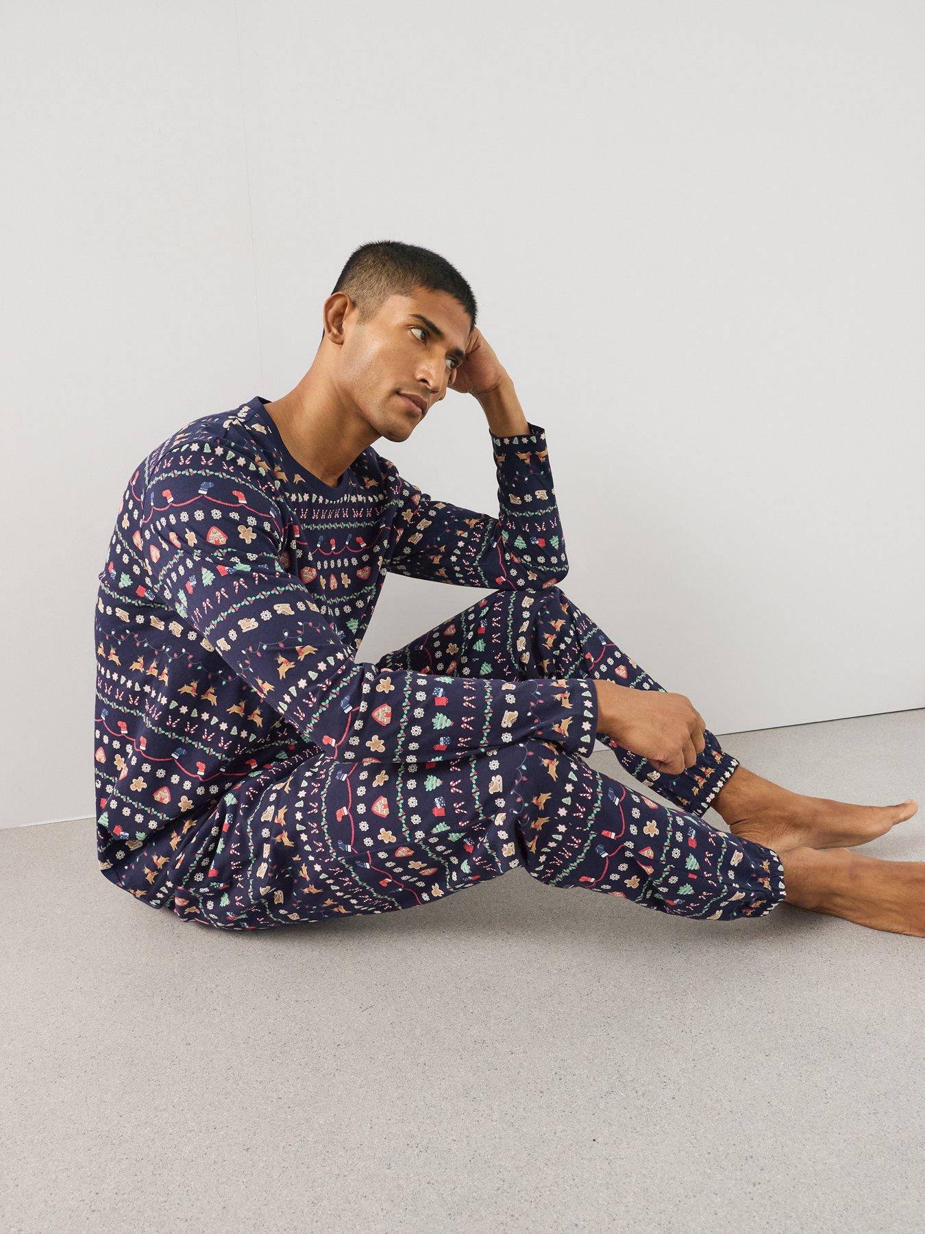 Image 4 of 7 of The Very Collection Mens Family Christmas Pyjama Cotton Reindeer Fairisle Top And Jogger Set - Navy