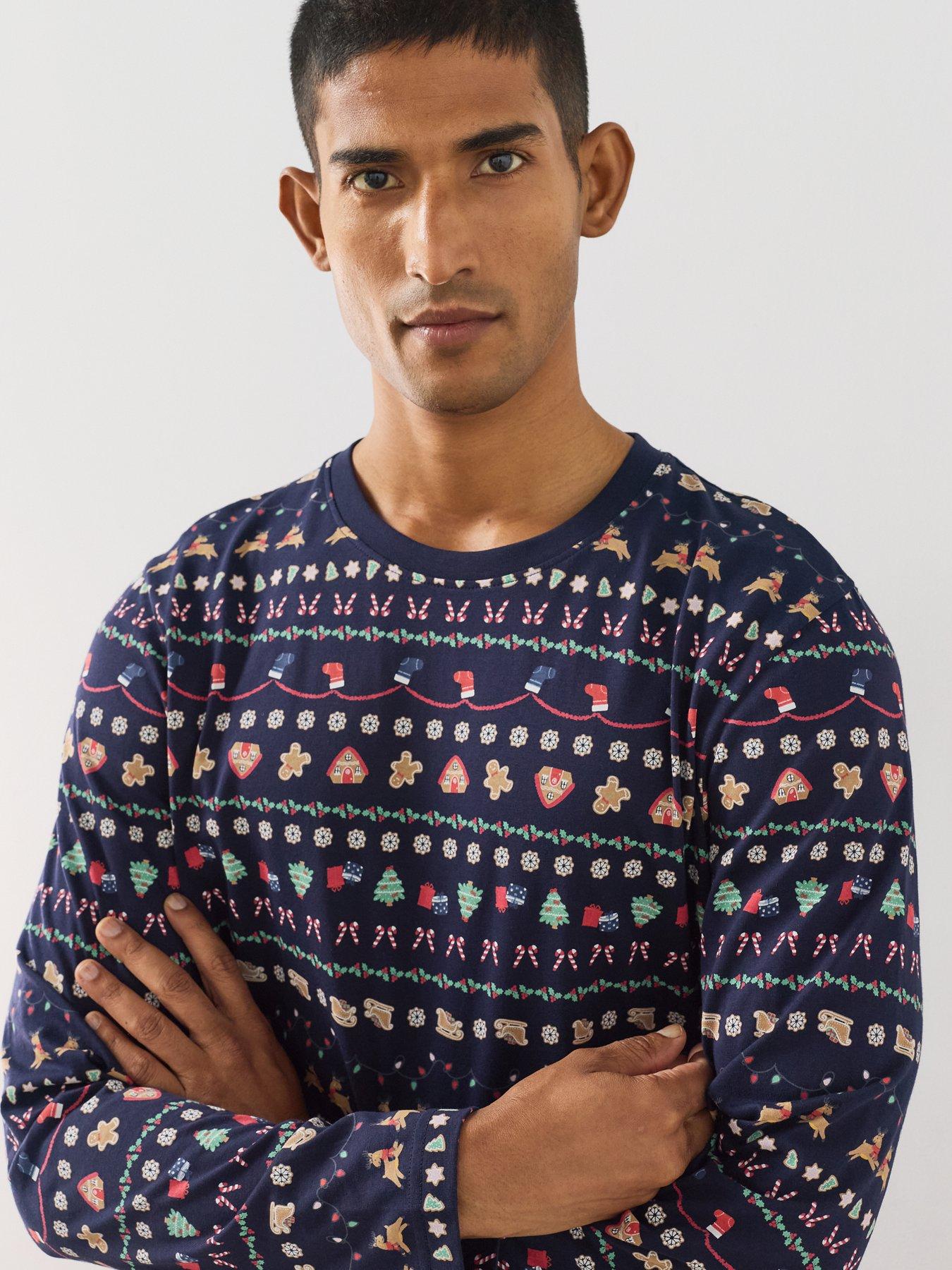 Image 5 of 7 of The Very Collection Mens Family Christmas Pyjama Cotton Reindeer Fairisle Top And Jogger Set - Navy