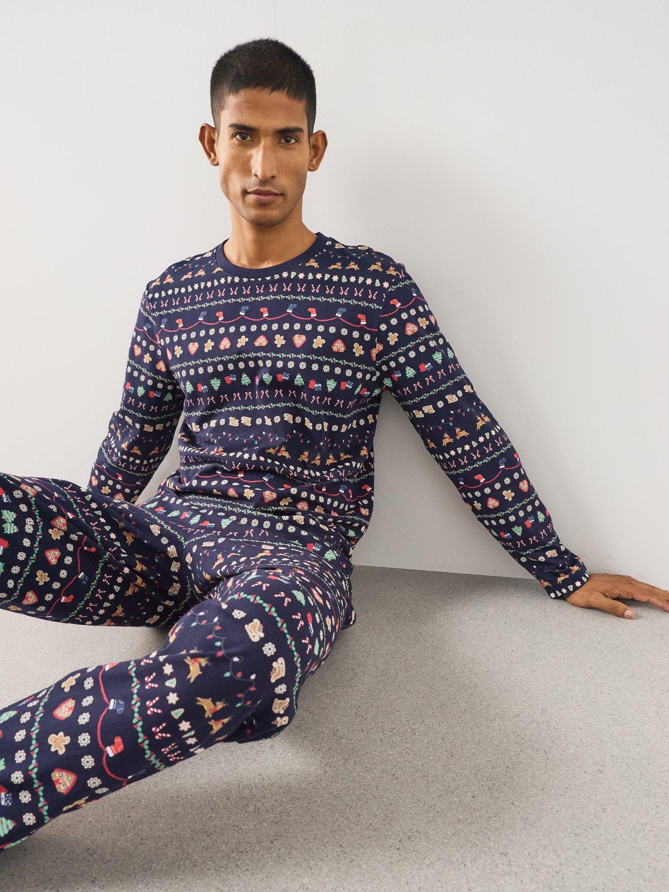 Image 6 of 7 of The Very Collection Mens Family Christmas Pyjama Cotton Reindeer Fairisle Top And Jogger Set - Navy