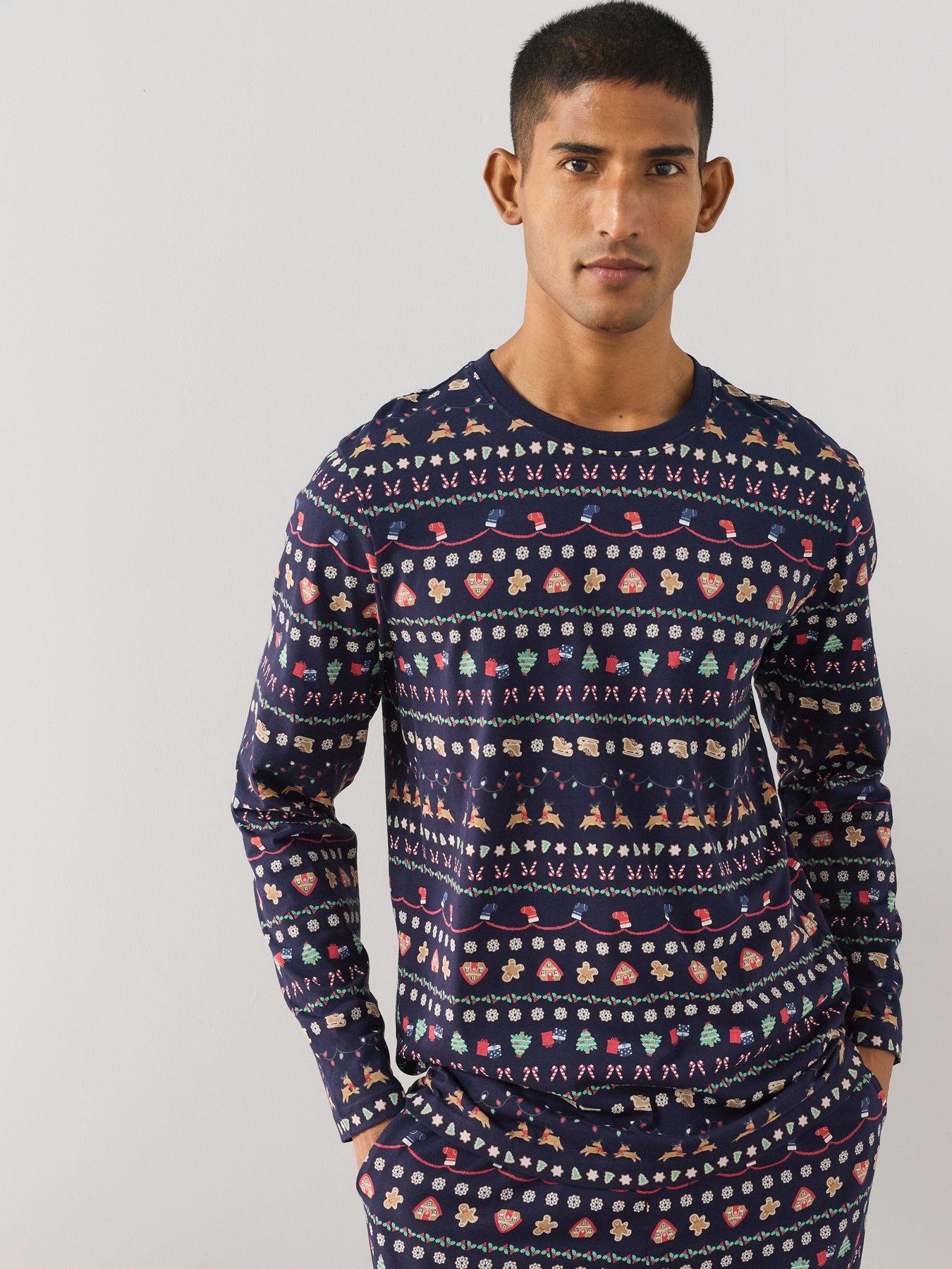 Image 7 of 7 of The Very Collection Mens Family Christmas Pyjama Cotton Reindeer Fairisle Top And Jogger Set - Navy