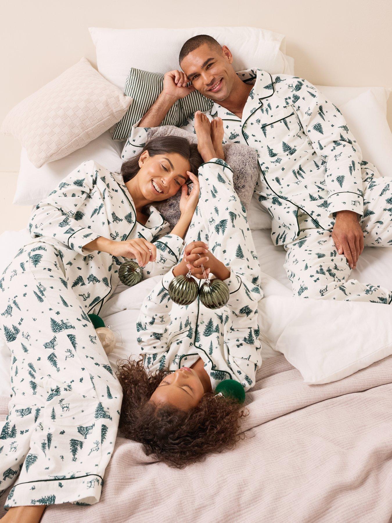 Image 1 of 7 of The Very Collection Mens Family Christmas Pyjama Xmas Tree Brushed Woven Revere Set - Cream