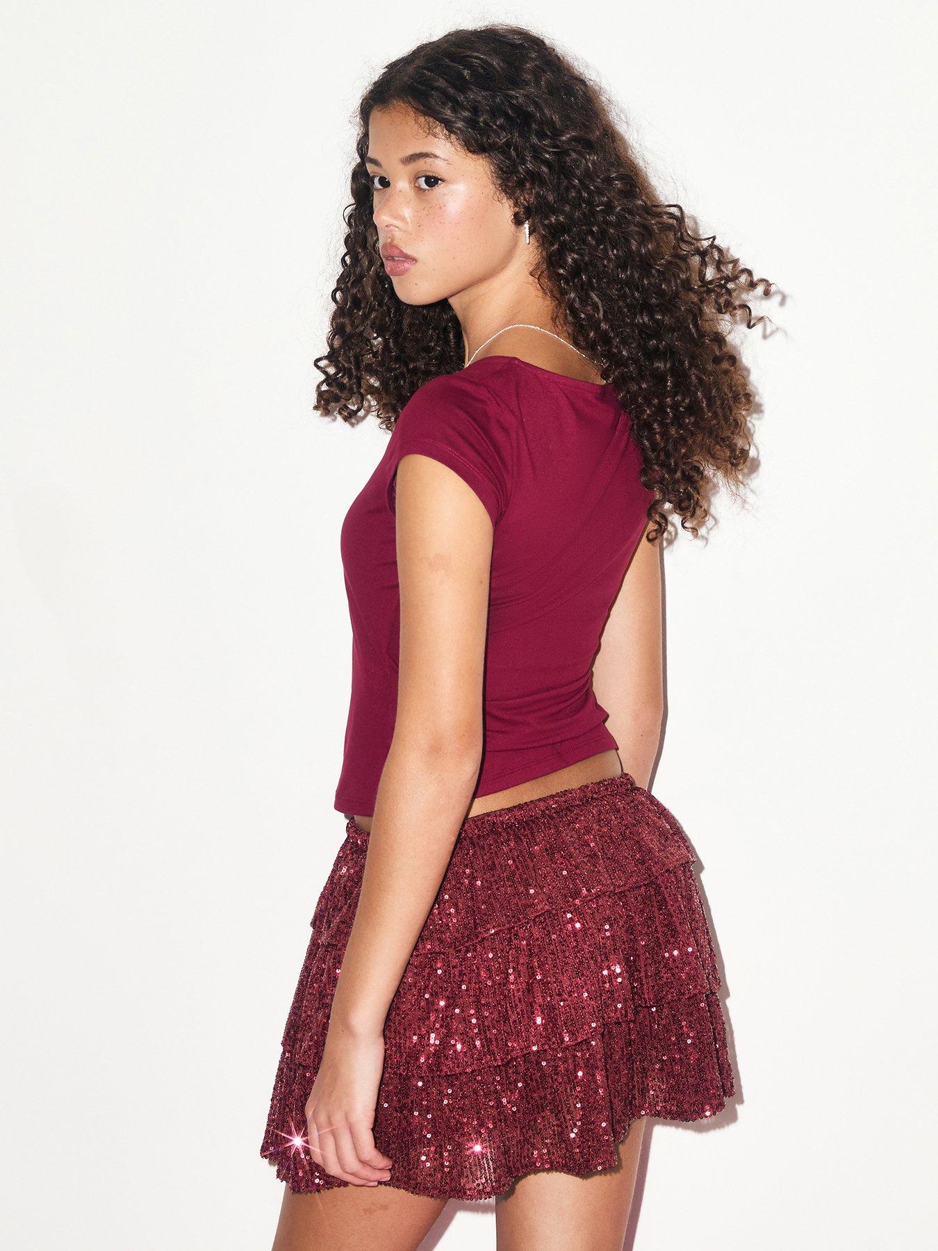 Image 2 of 6 of New Look 915 Girls Sequin Rara Mini Skort - Dark Red