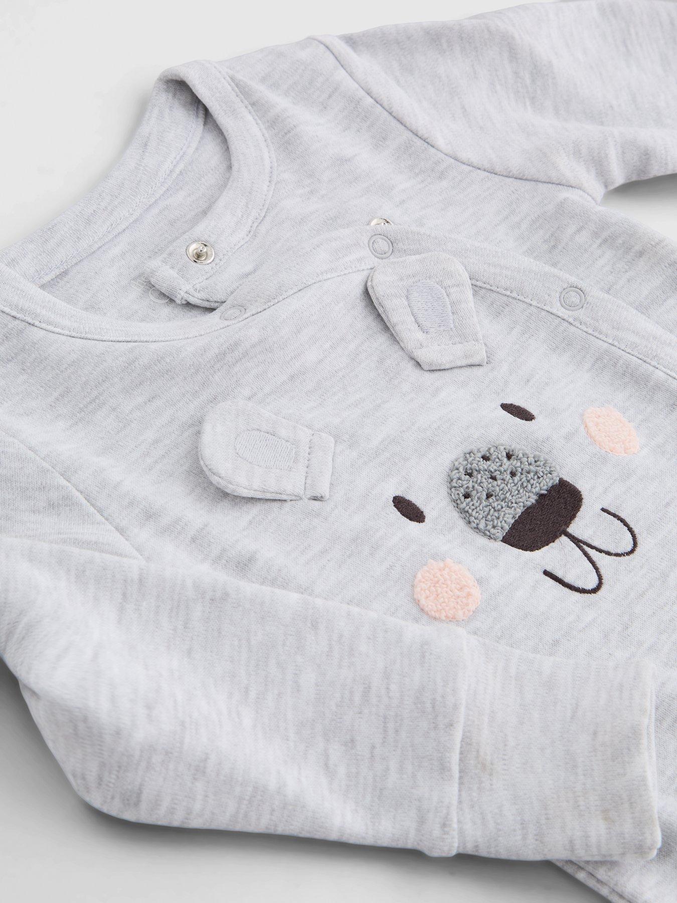 Image 3 of 5 of The Very Collection Bear Face Side Popper Single Sleepsuit - Grey
