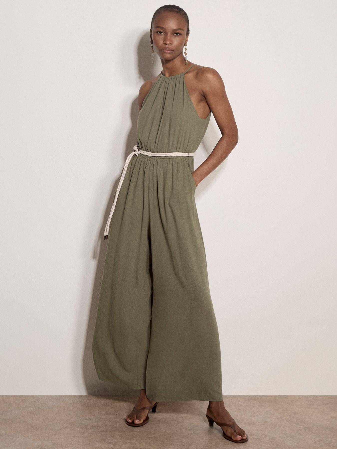 Apricot Halter Neck Rope Belt Jumpsuit - Green