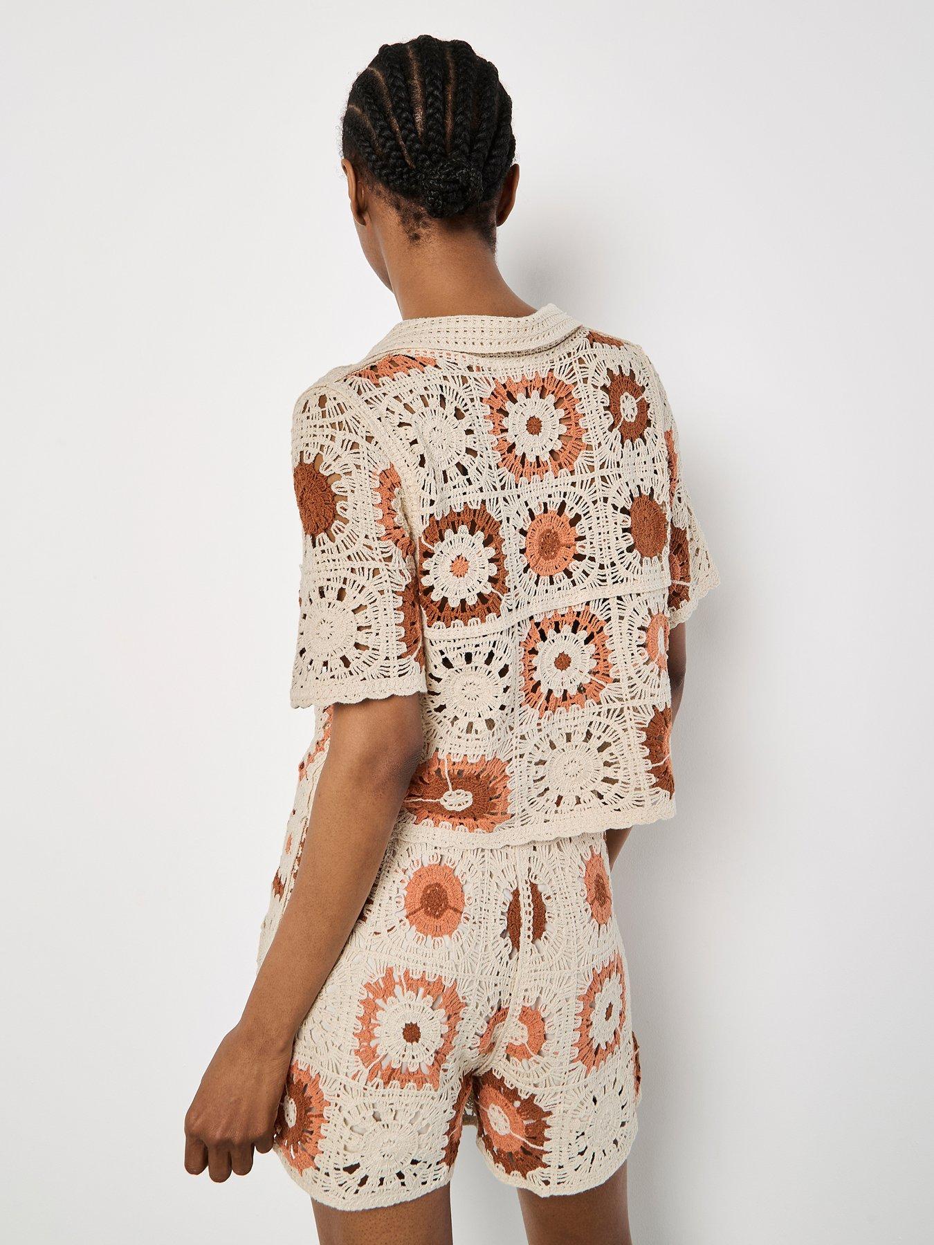 Image 2 of 4 of Apricot Crochet Squares Collar Button Thru Top