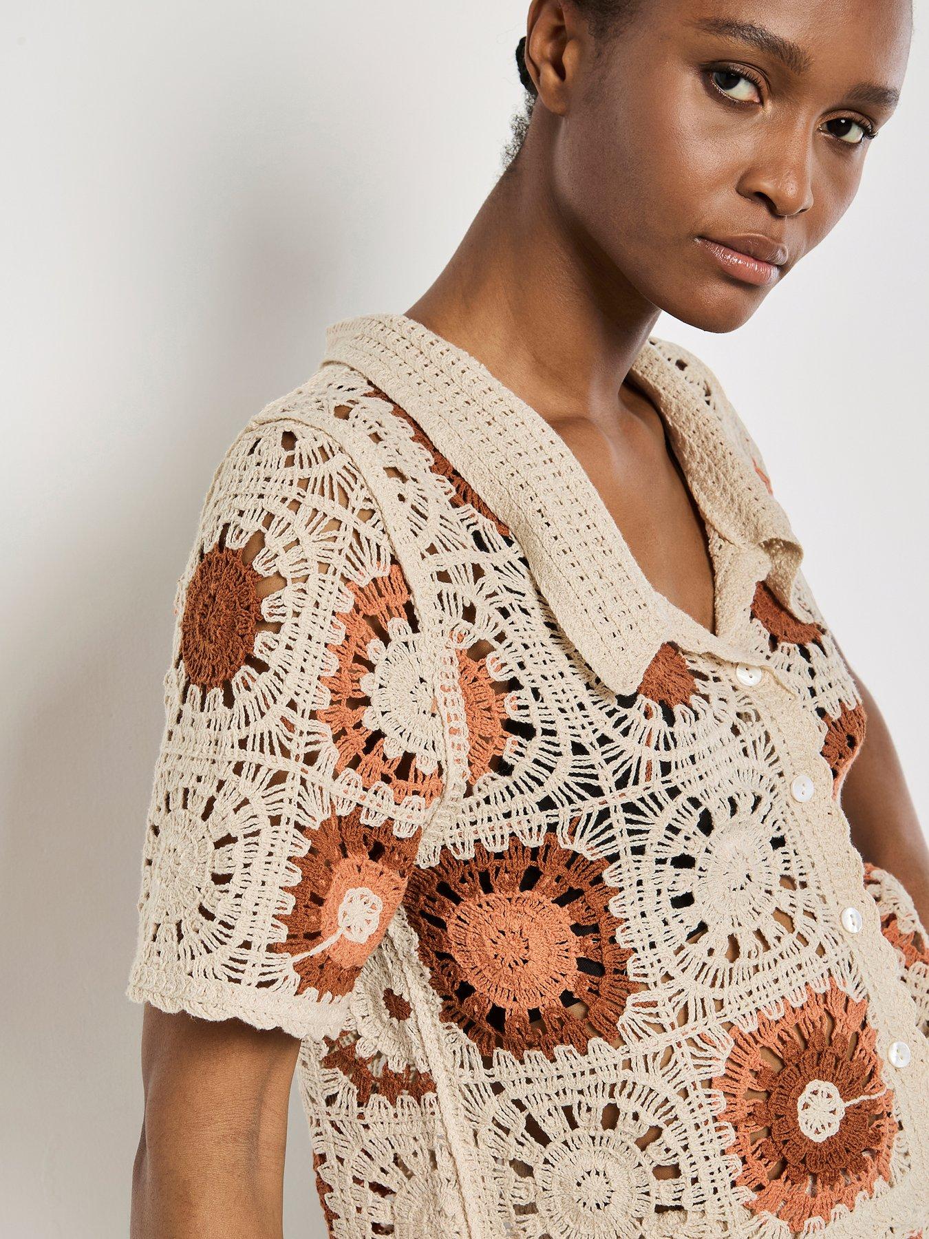 Image 4 of 4 of Apricot Crochet Squares Collar Button Thru Top