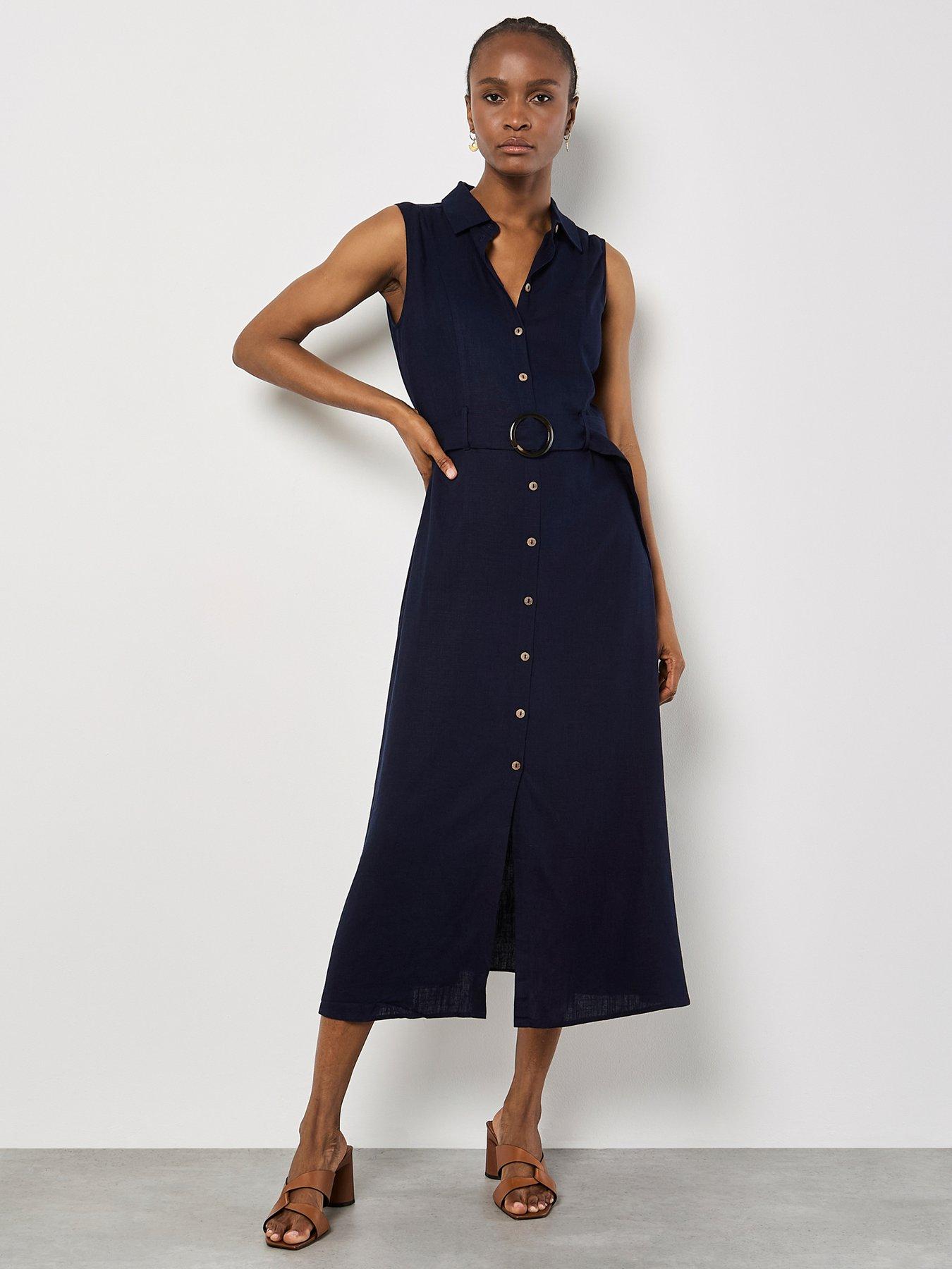 apricot-sless-belted-linen-mix-shirt-midi-dress