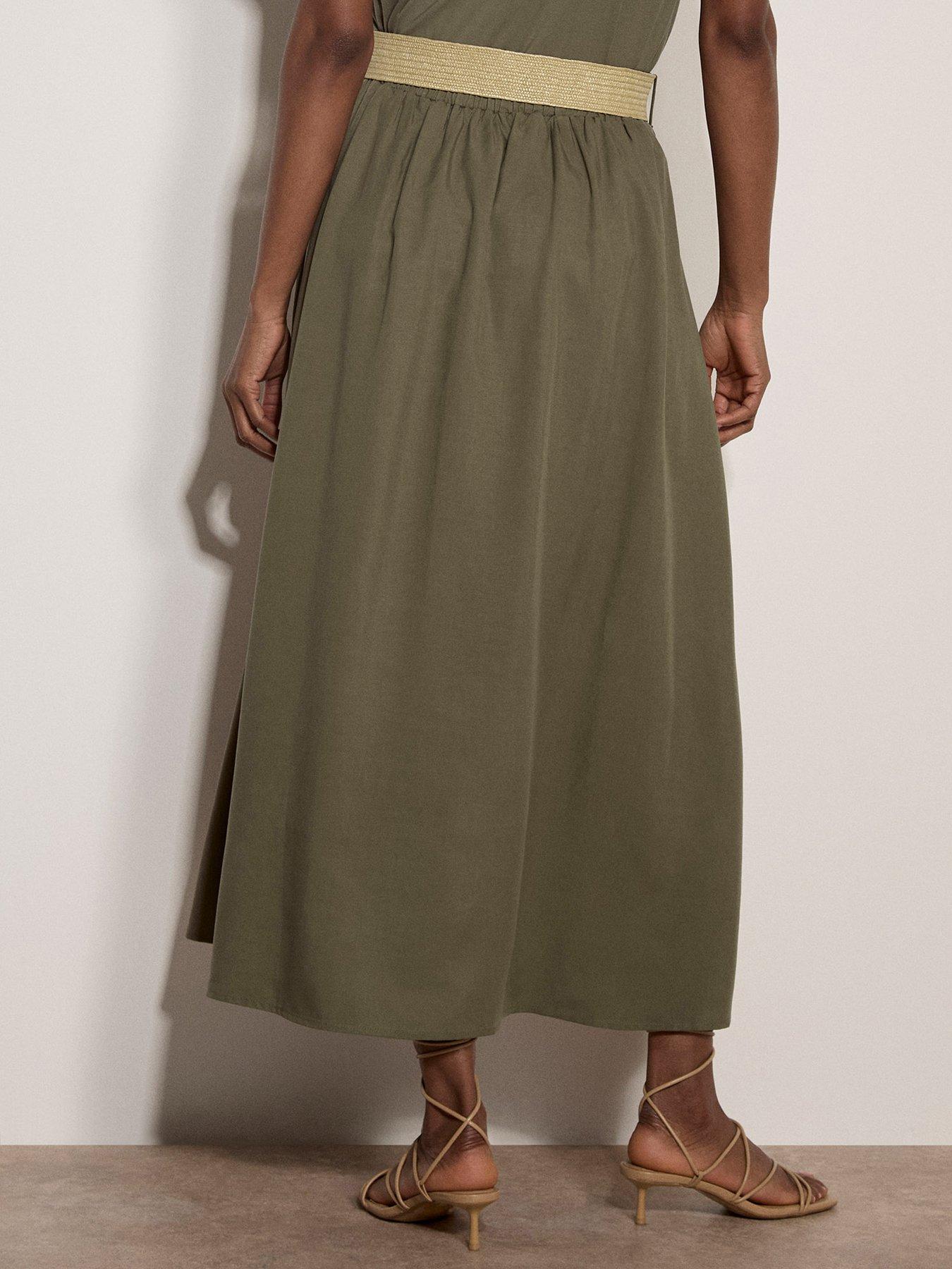 Apricot Boho Slub Belted Midi Skirt - Green