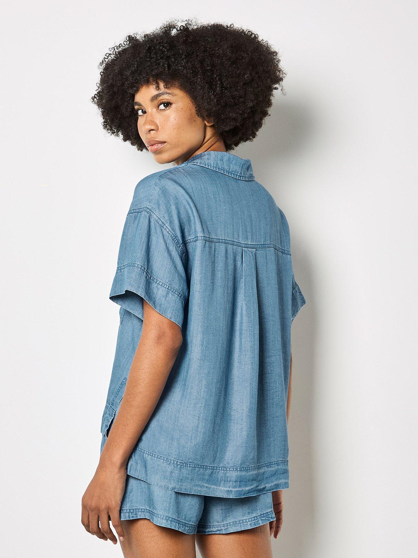 Image 2 of 6 of Apricot Slub Open Neck Denim Shirt