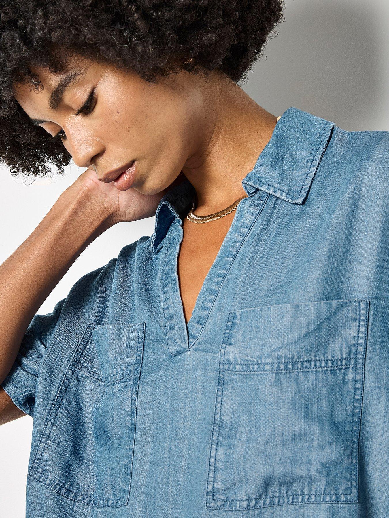 Image 4 of 6 of Apricot Slub Open Neck Denim Shirt