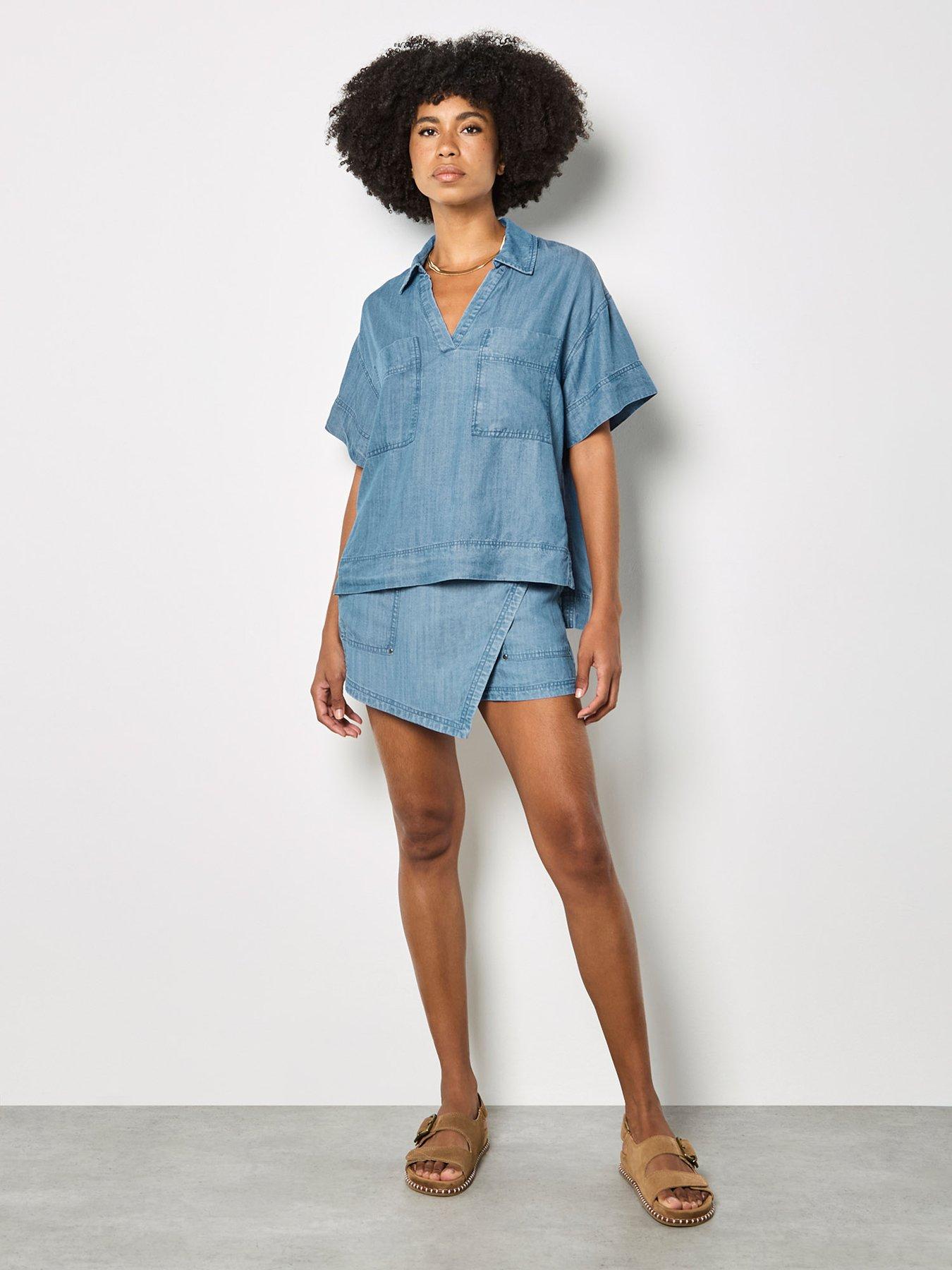 Image 3 of 5 of Apricot Slub Denim Wrap Skort