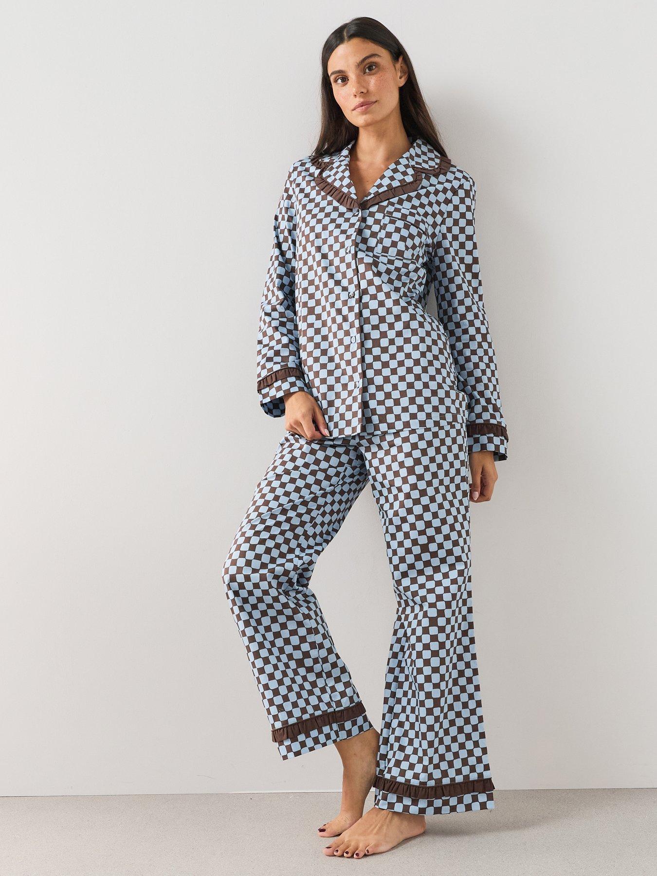 The Very Collection Contrast Collar Checker Board Cotton Revere Pyjama Set - Brown