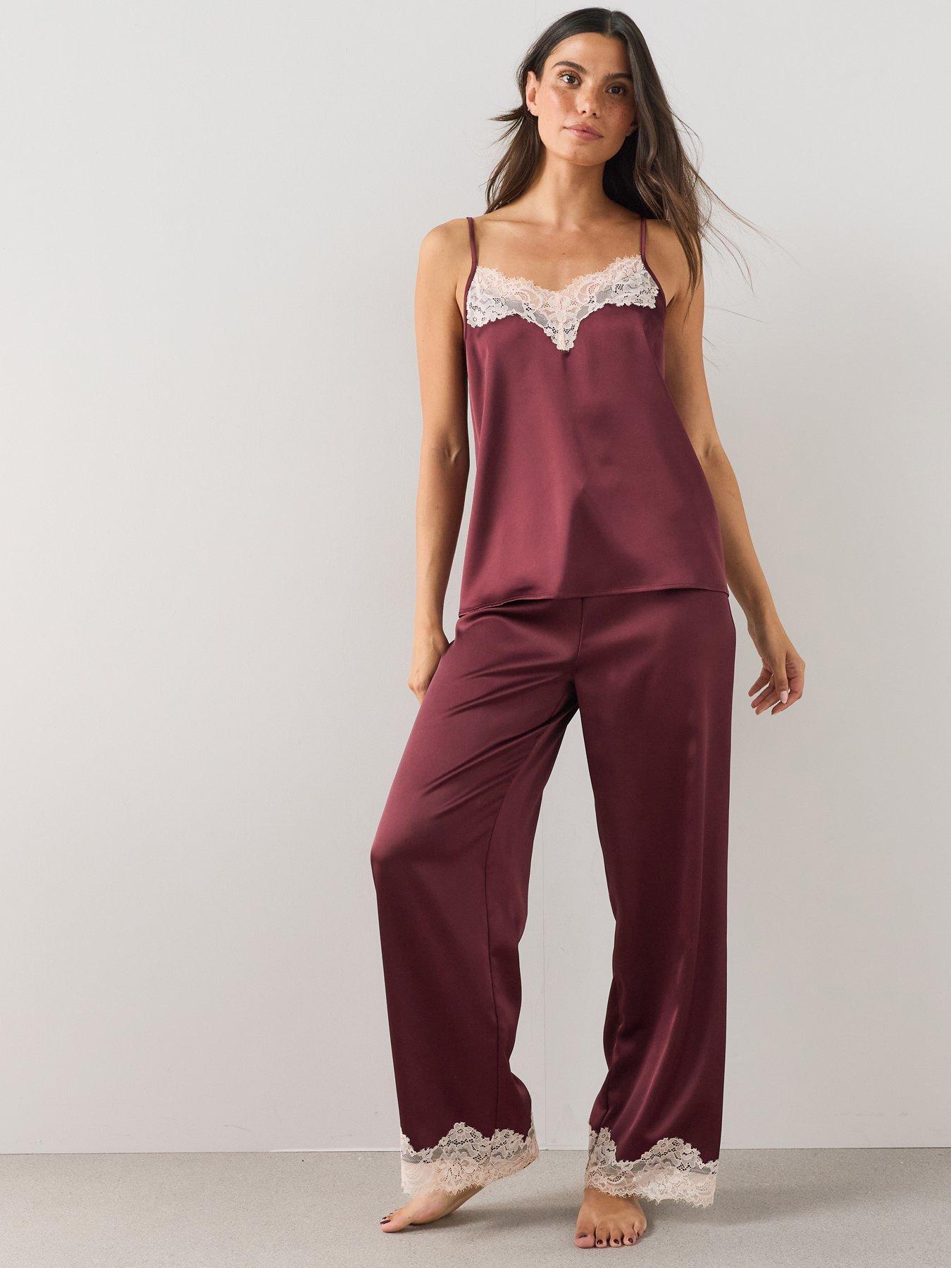 The Very Collection Satin Contrast Lace Cami And Wide Leg Pyjama Set - Burgundy