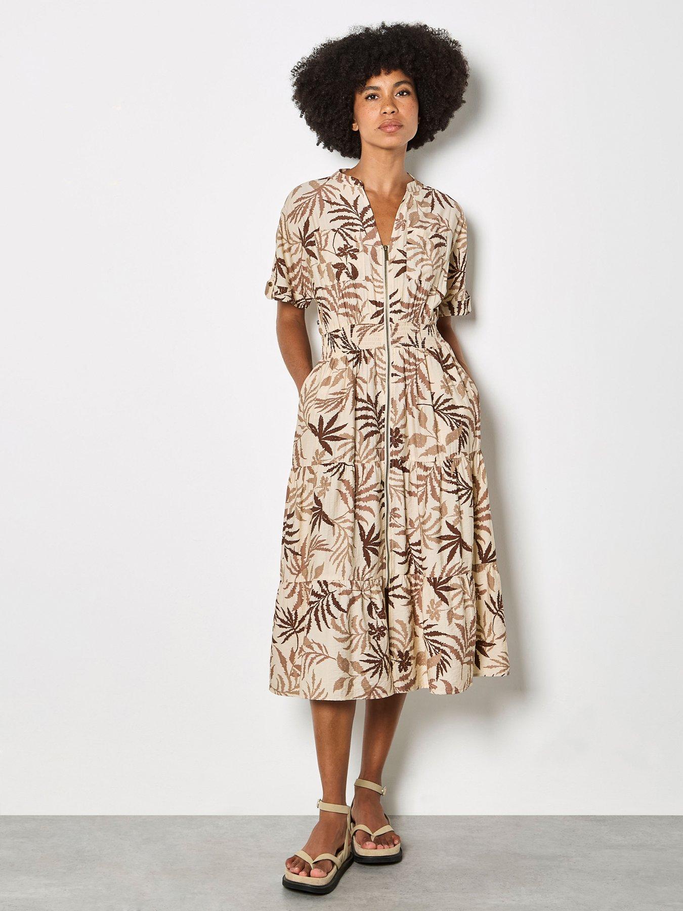 Image 1 of 4 of Apricot Palm Print Zip Front Maxi Dress