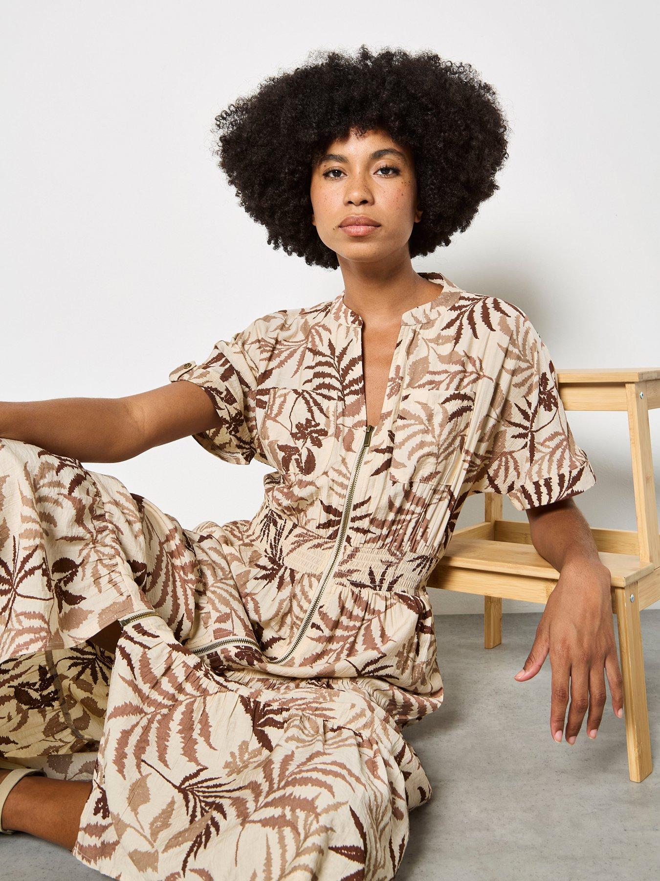 Image 3 of 4 of Apricot Palm Print Zip Front Maxi Dress