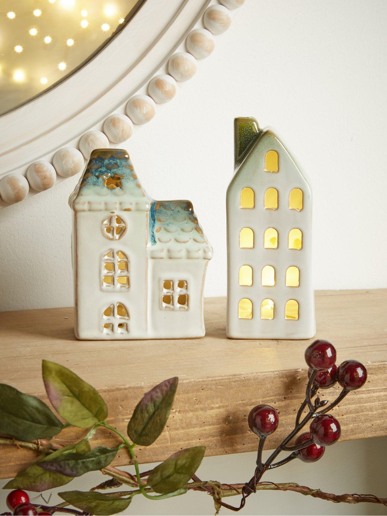 Heaven Sends Set Of 2 Led Reactive Glaze House Christmas Decorations in Green
