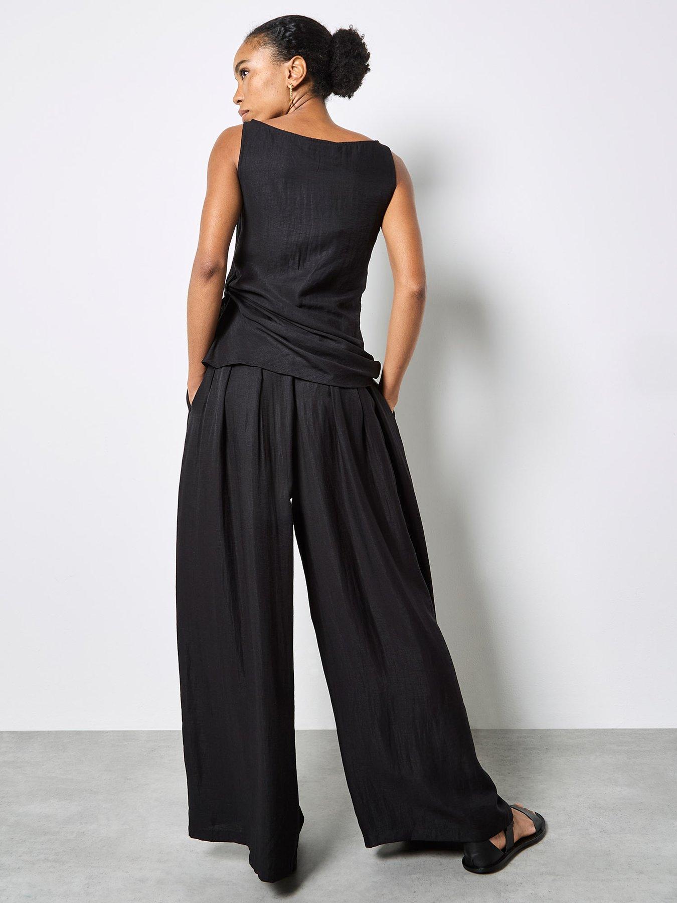 Image 2 of 4 of Apricot Textured Twill Wide-Leg Trousers - Black