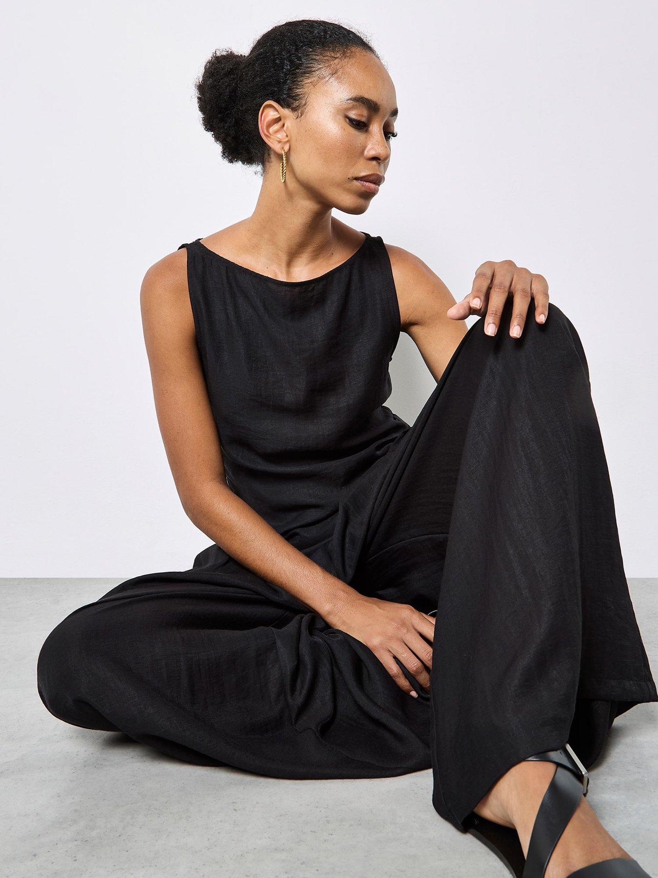 Image 3 of 4 of Apricot Textured Twill Wide-Leg Trousers - Black