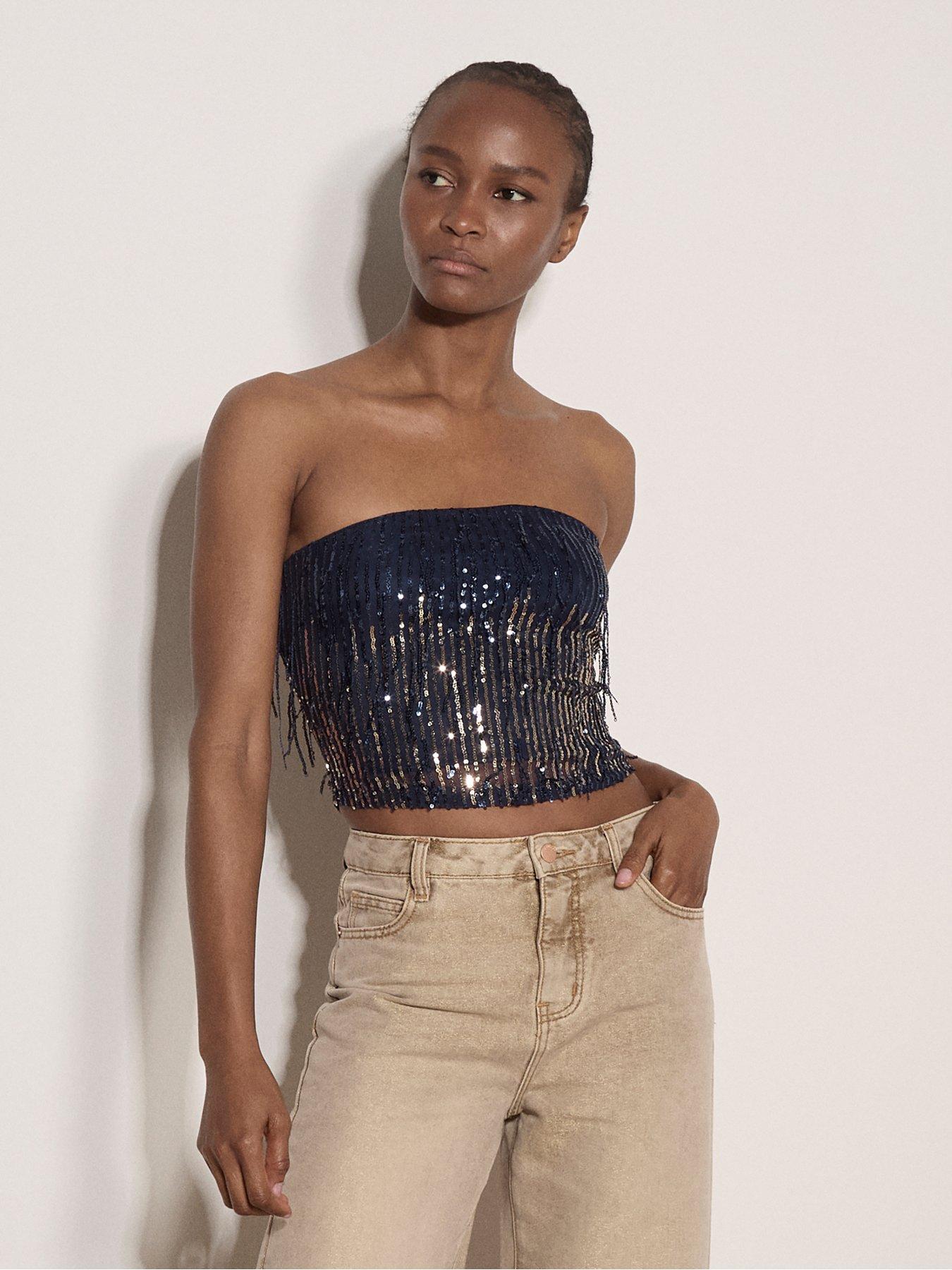 Image 4 of 4 of Apricot Fringe Sequins Bandeau Top