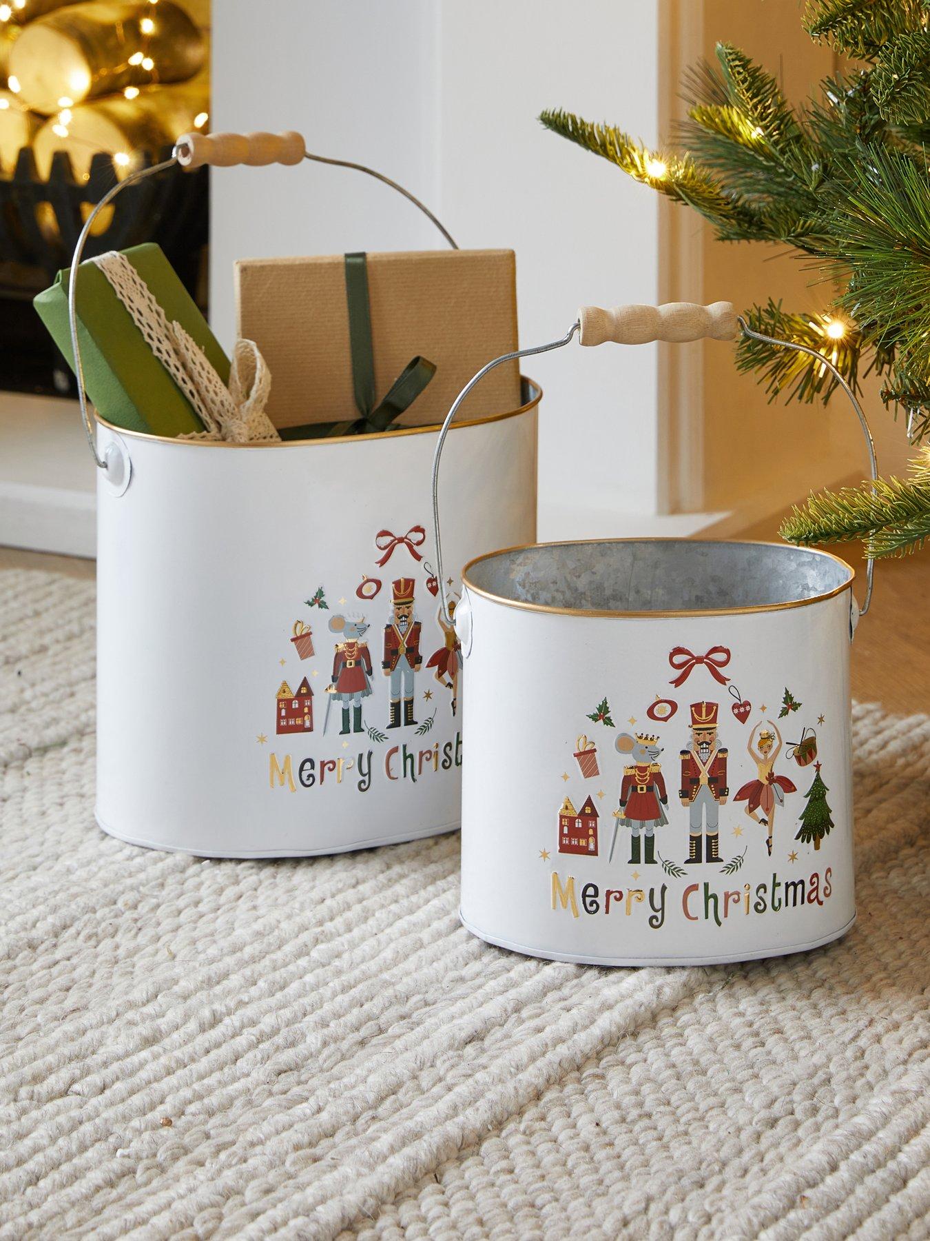 Heaven Sends Set Of 2 White Metal Merry Christmas Buckets
