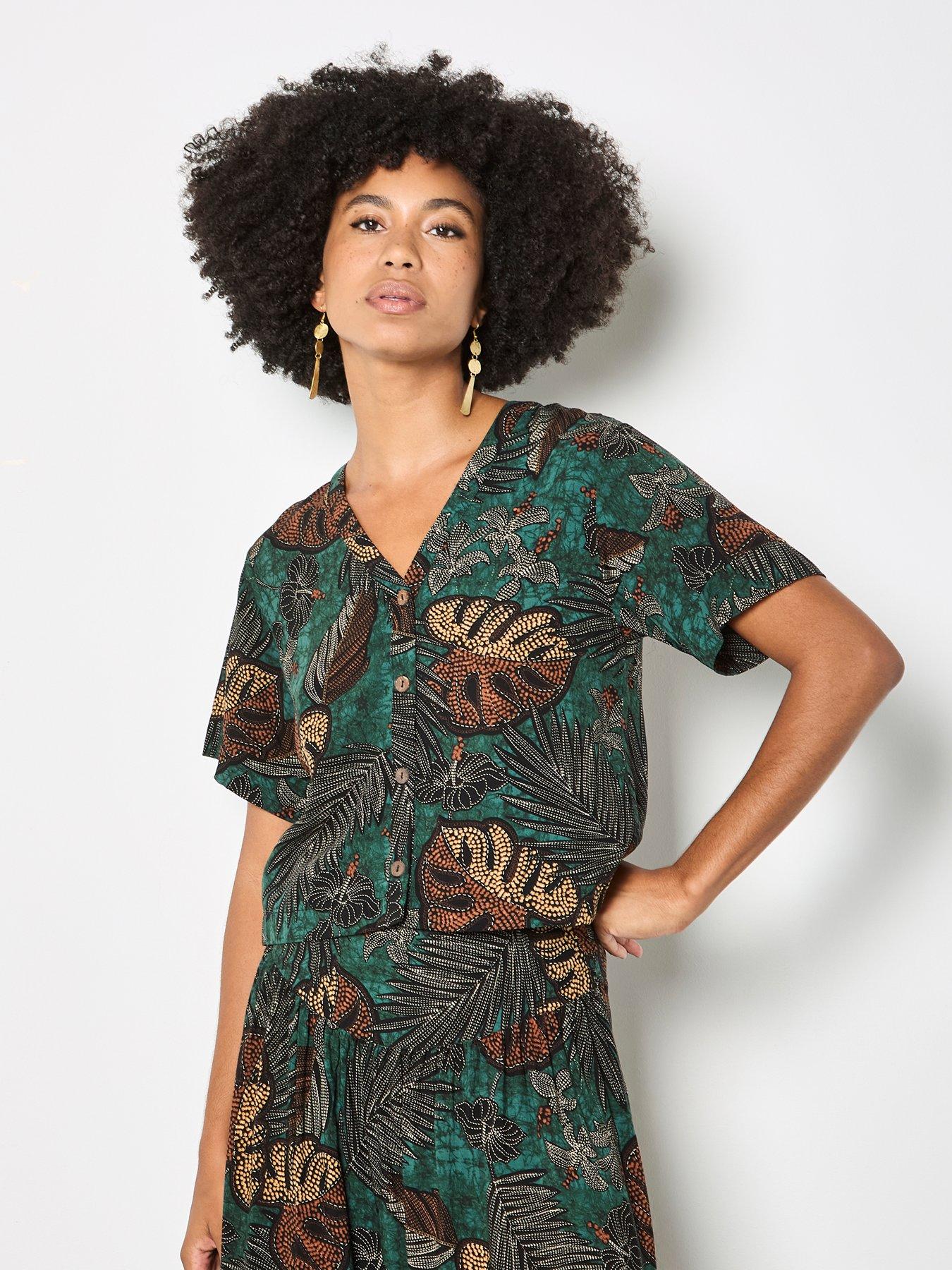 Image 1 of 4 of Apricot Cropped Palm Print Shirt