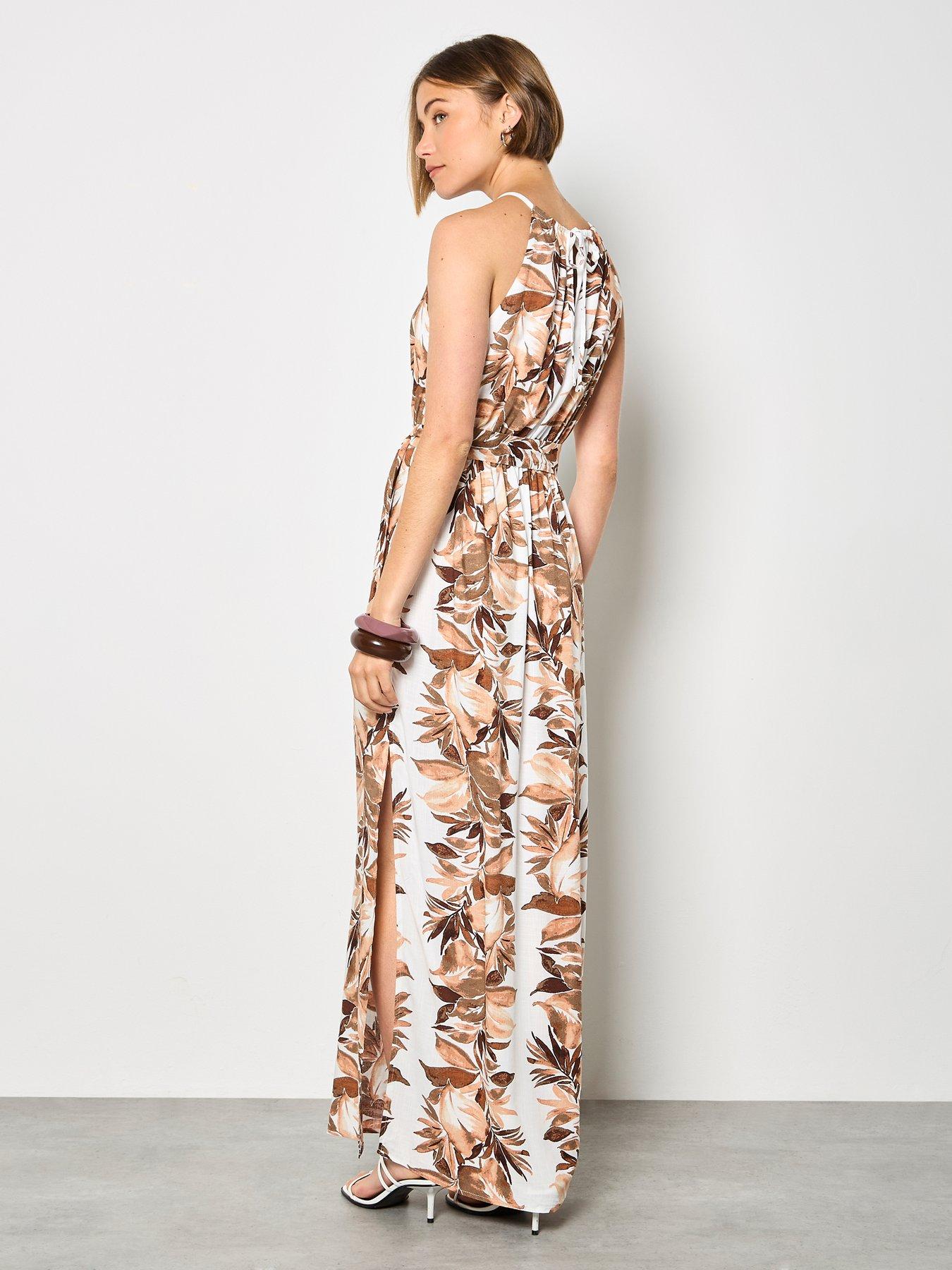 Image 2 of 4 of Apricot Maxi Halter Neck Stripe Leaf Drs