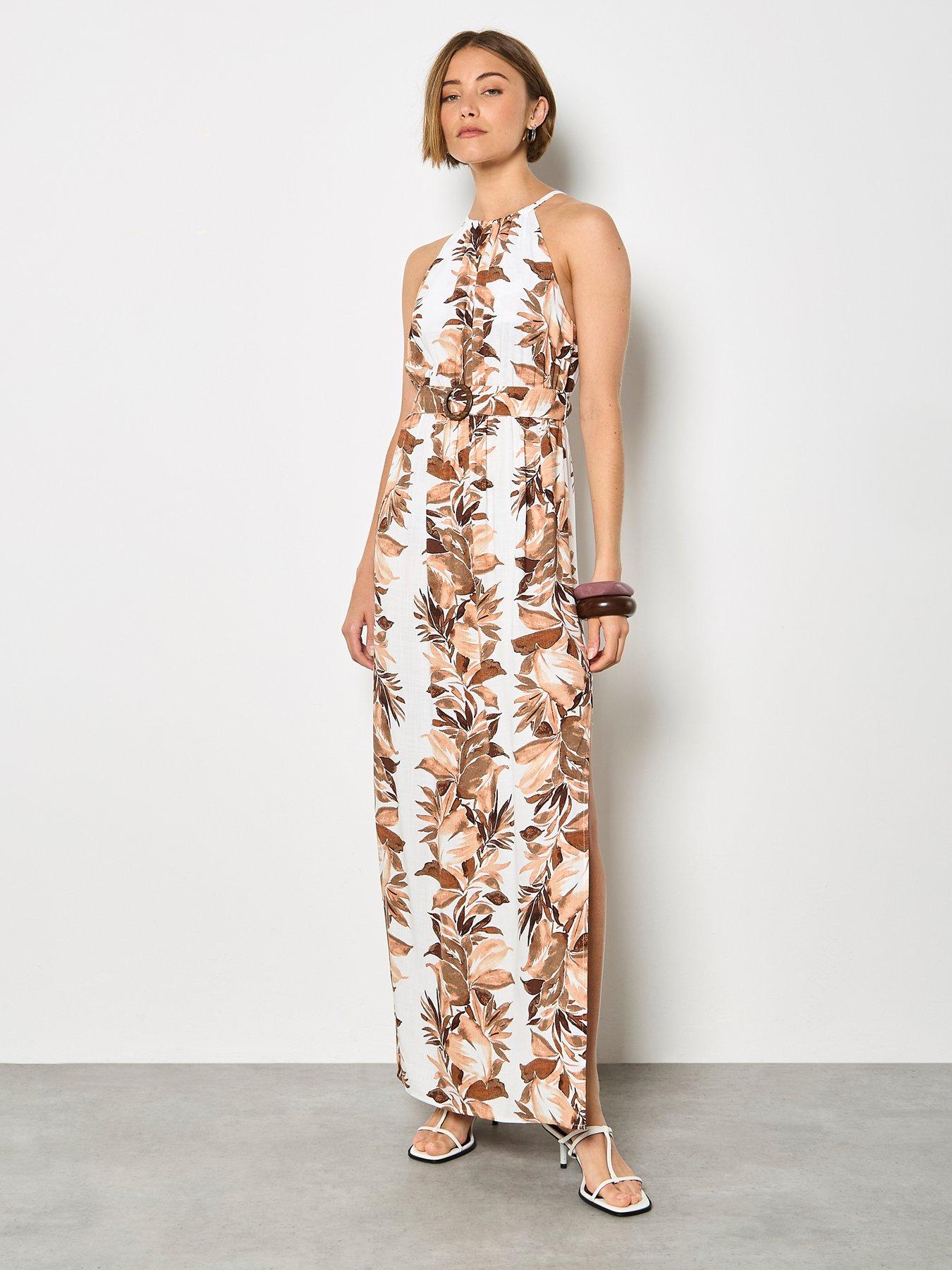 Image 3 of 4 of Apricot Maxi Halter Neck Stripe Leaf Drs