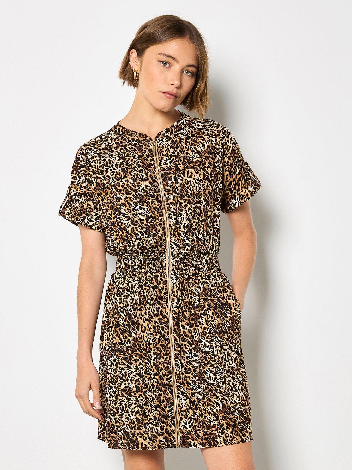 apricot-zip-front-animal-utility-dress-brownoutfit