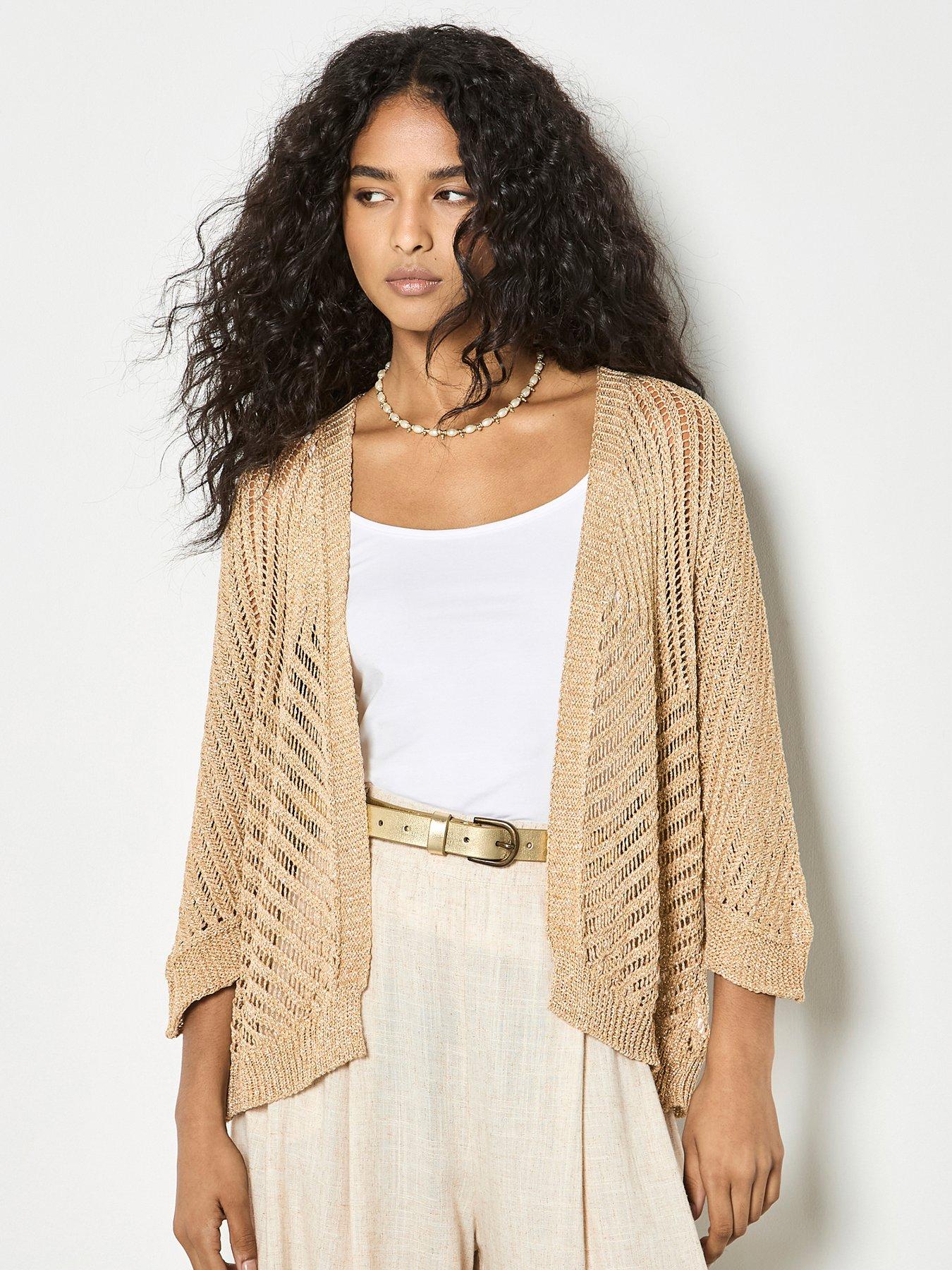 Apricot Metallic Knitted Open Cardigan - Gold