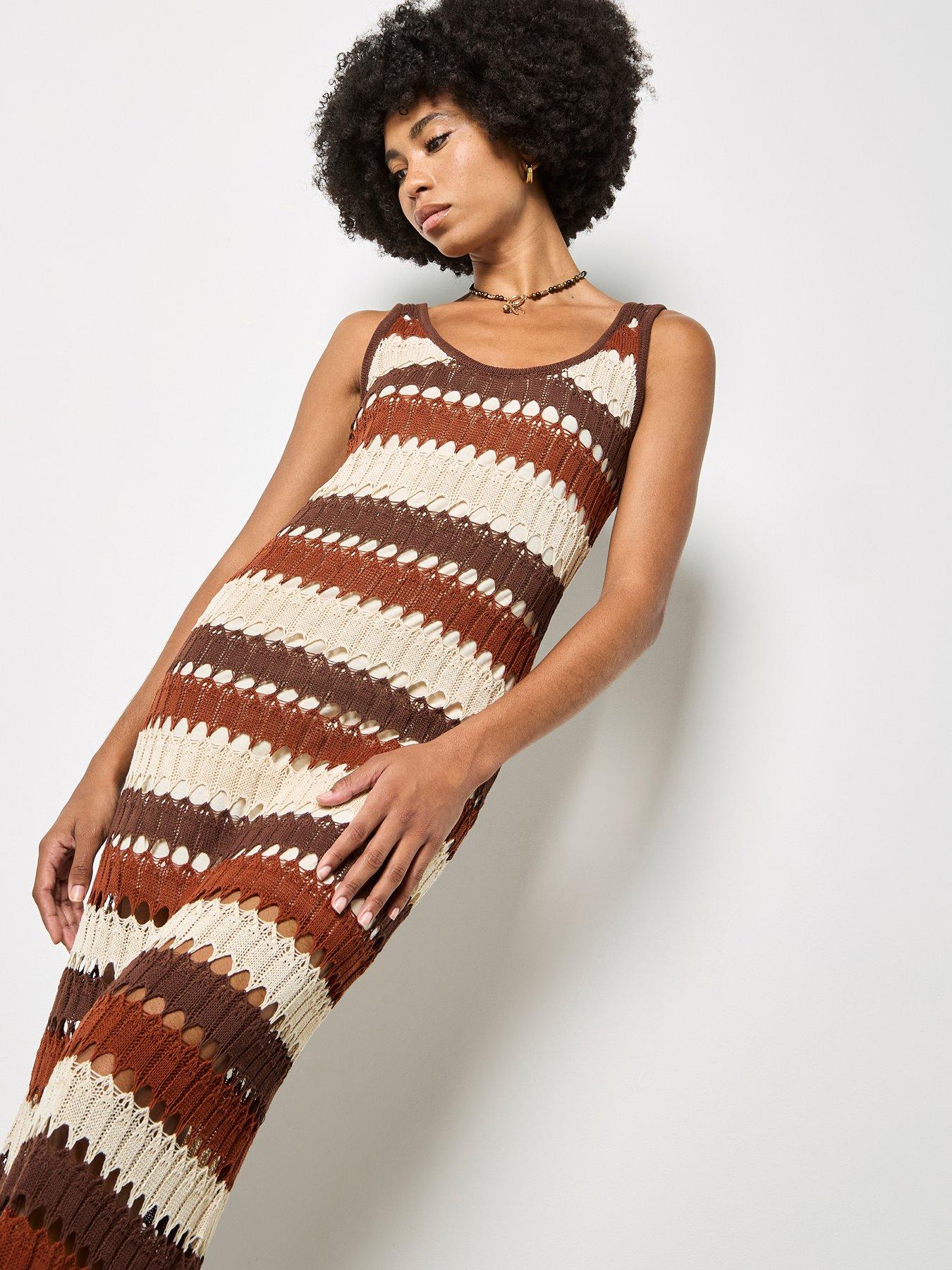 Image 4 of 4 of Apricot Crochet Stripe Midaxi Dress - Brown