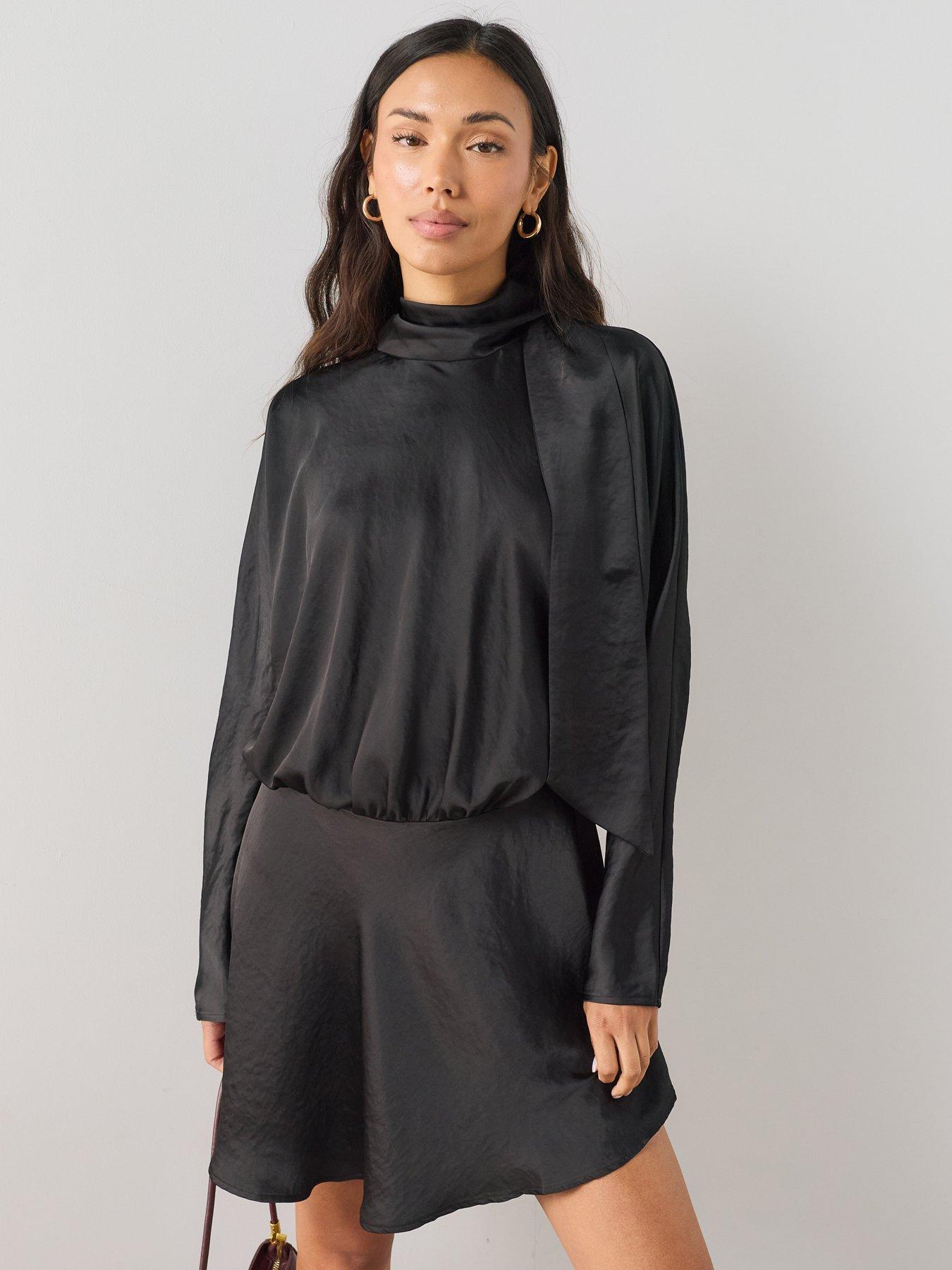 Image 1 of 7 of The Very Collection Satin Scarf Detail Flippy Mini Dress - Black