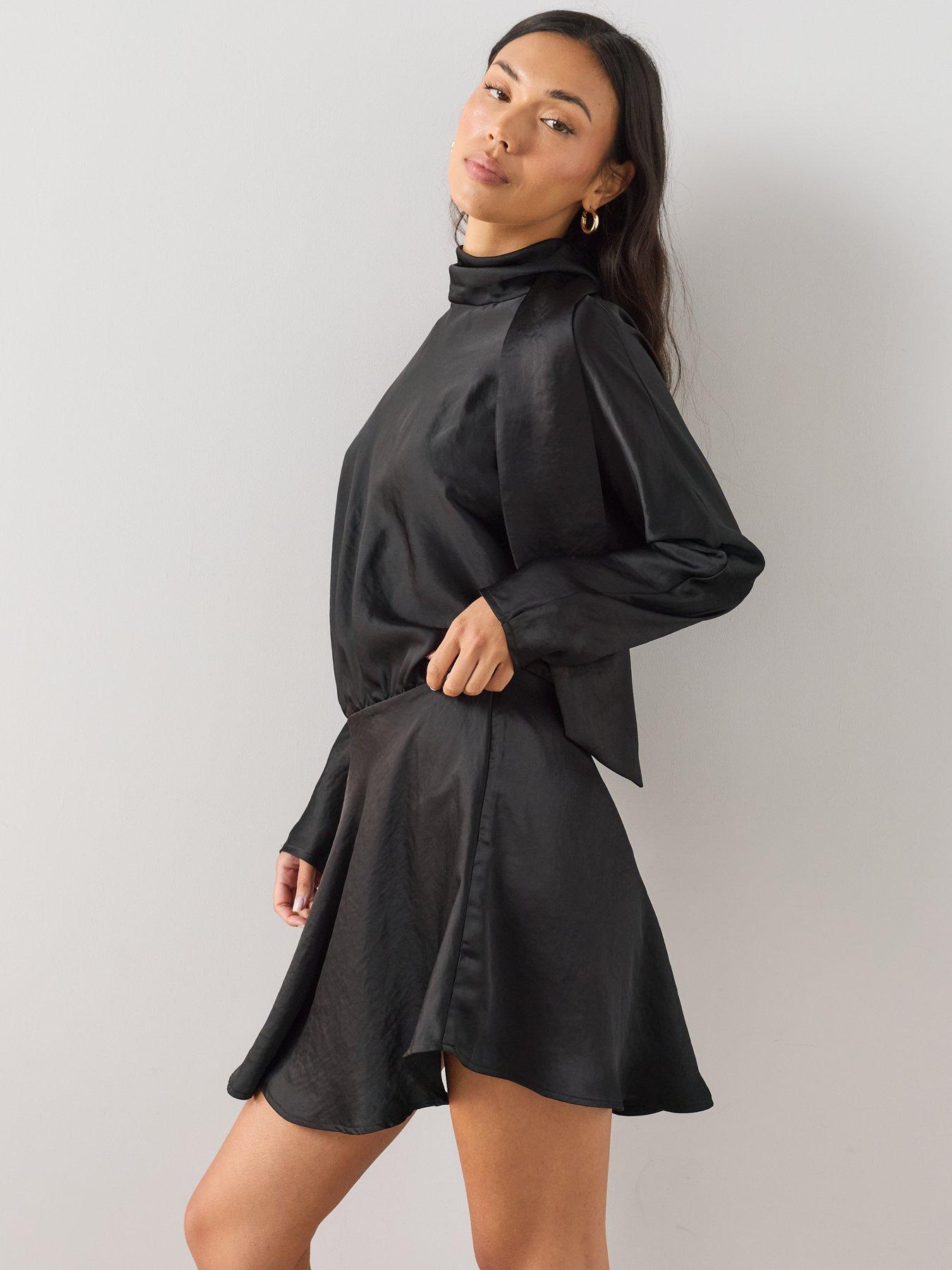 Image 4 of 7 of The Very Collection Satin Scarf Detail Flippy Mini Dress - Black