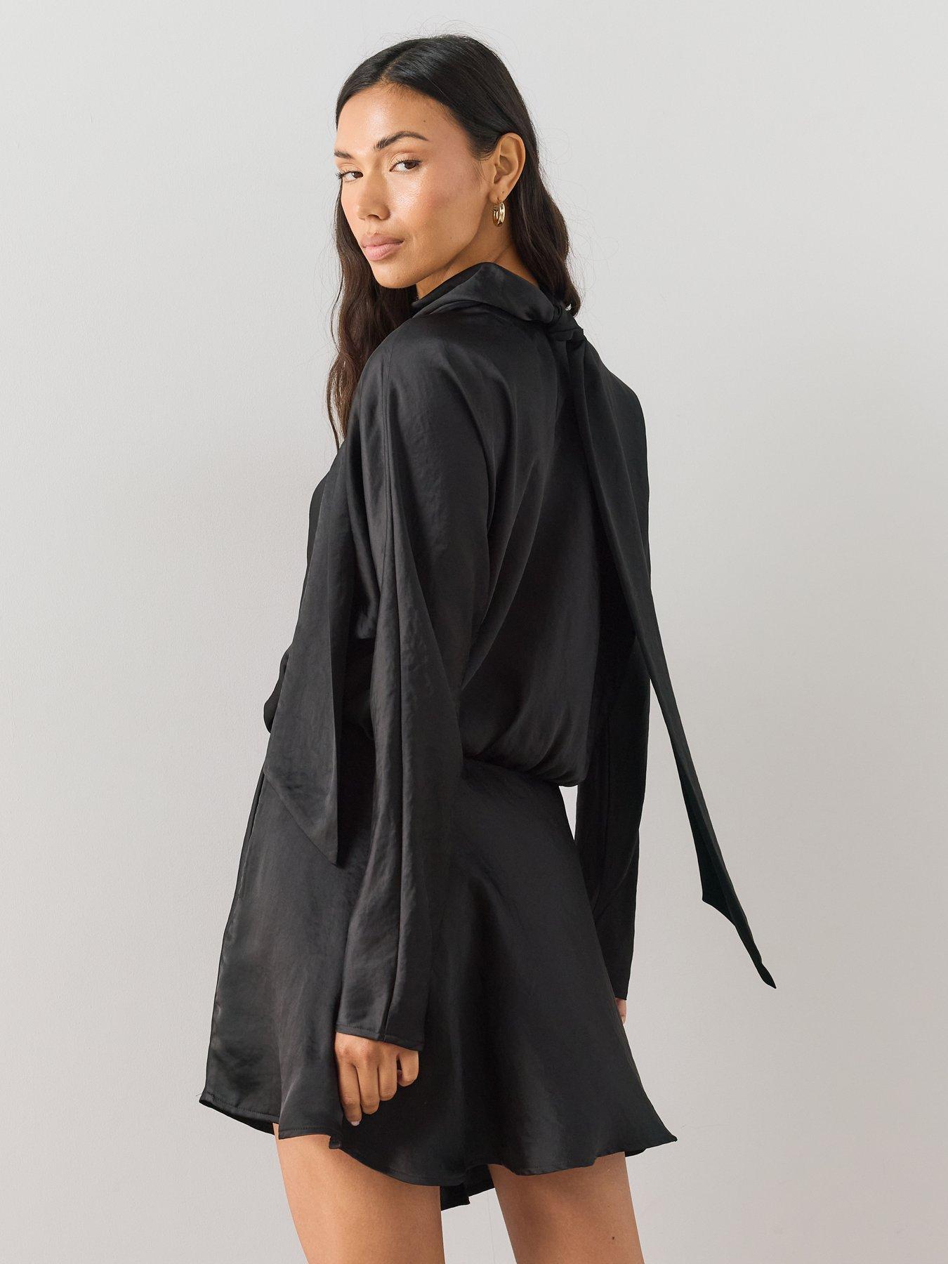 Image 6 of 7 of The Very Collection Satin Scarf Detail Flippy Mini Dress - Black