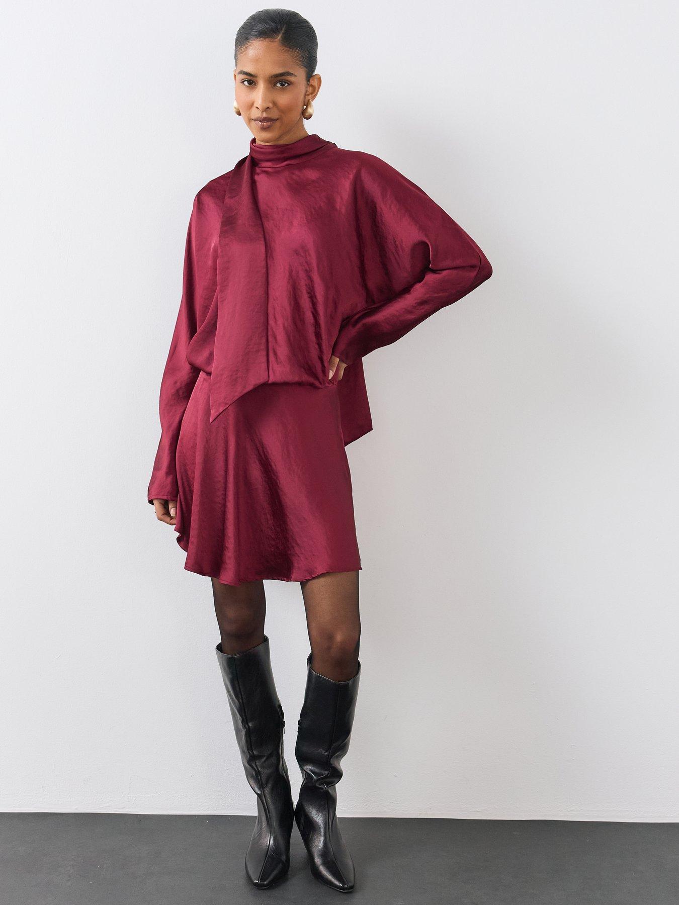 Image 1 of 6 of The Very Collection Womens Teatro Satin Scarf Detail Flippy Mini Dress - Burgundy