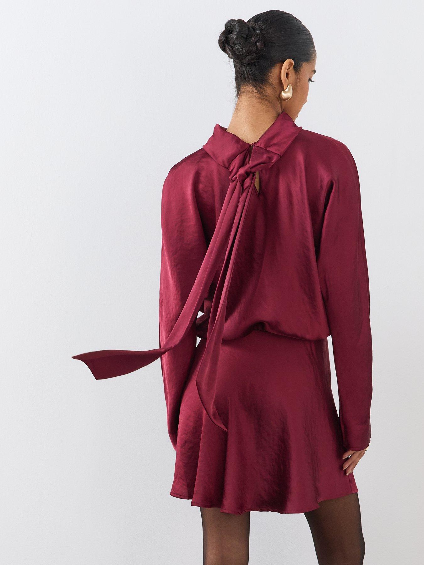 Image 2 of 6 of The Very Collection Womens Teatro Satin Scarf Detail Flippy Mini Dress - Burgundy