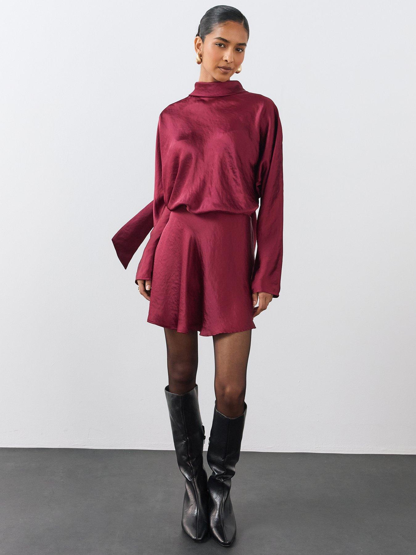 Image 3 of 6 of The Very Collection Womens Teatro Satin Scarf Detail Flippy Mini Dress - Burgundy