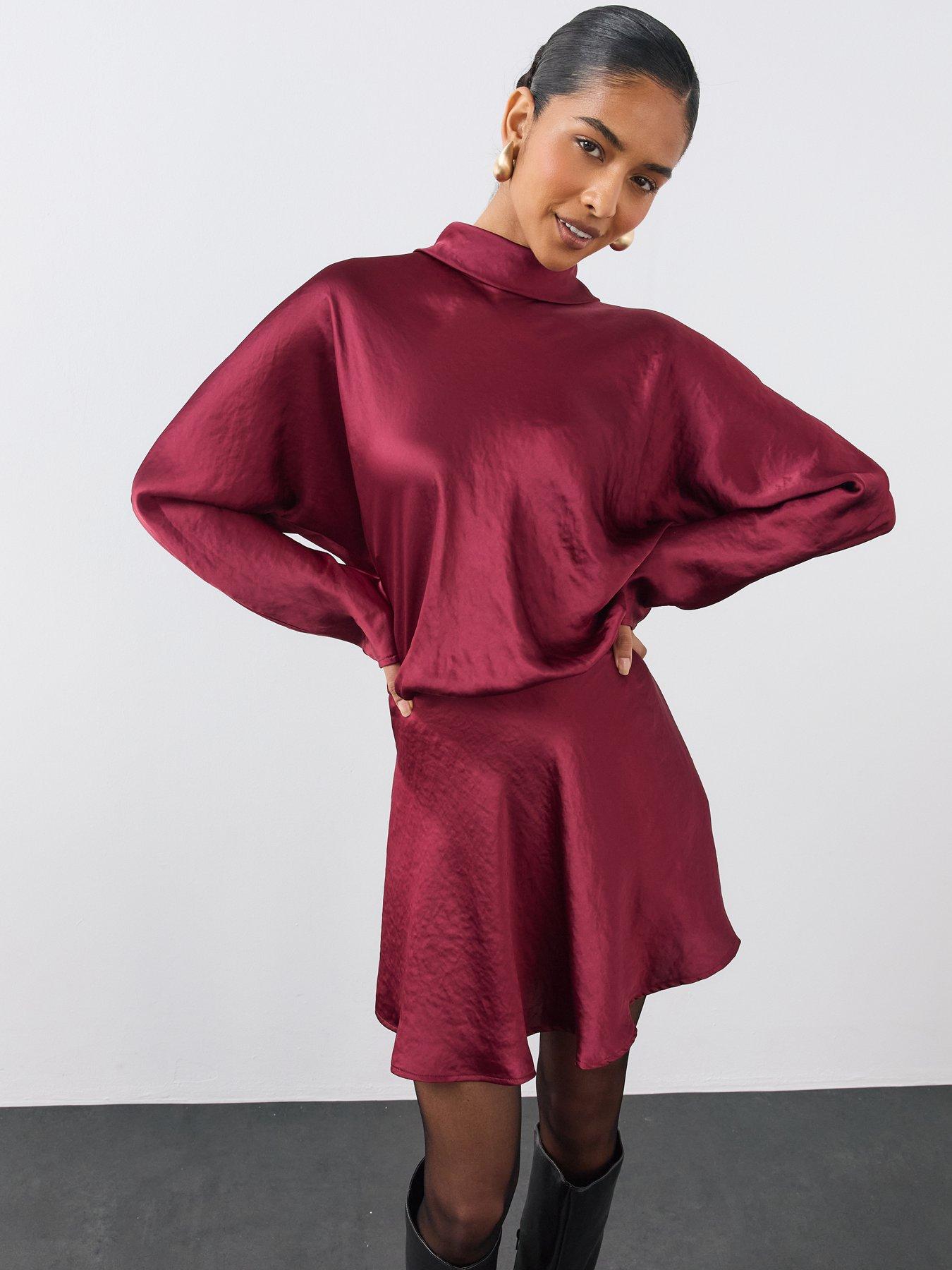 Image 6 of 6 of The Very Collection Womens Teatro Satin Scarf Detail Flippy Mini Dress - Burgundy