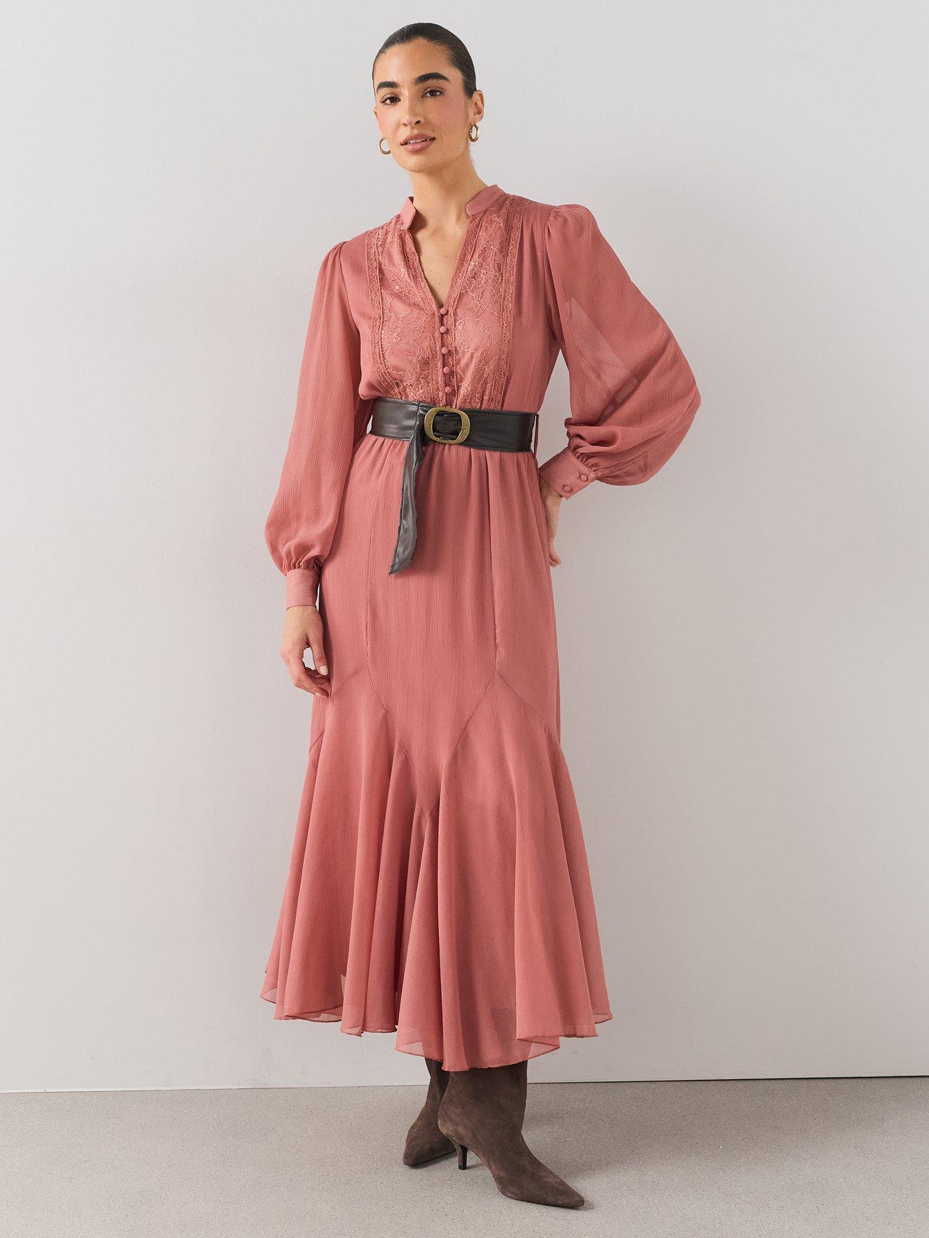 Image 1 of 7 of The Very Collection Lace V Neck Godet Hem Belted Midaxi Dress - Pink