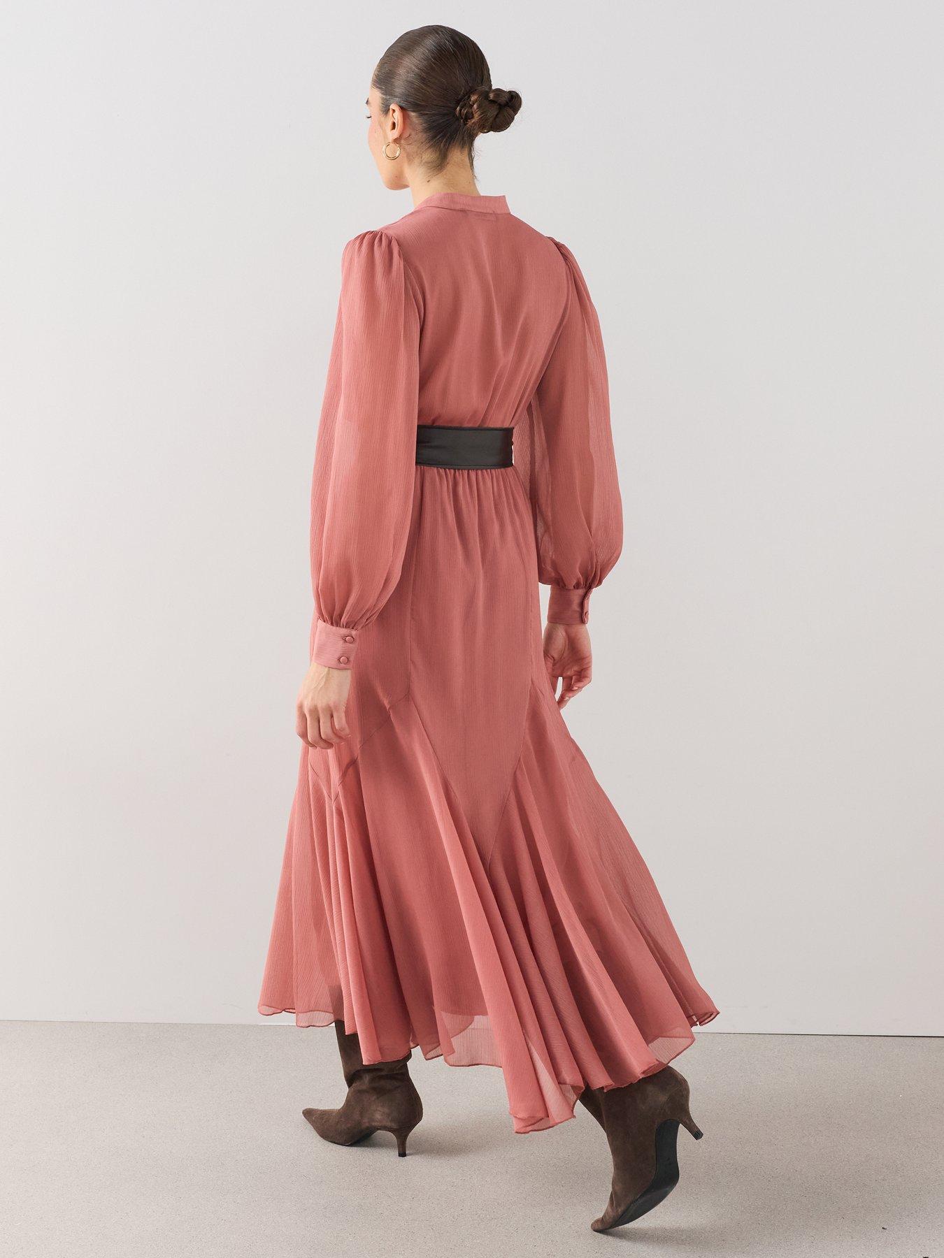 Image 2 of 7 of The Very Collection Lace V Neck Godet Hem Belted Midaxi Dress - Pink