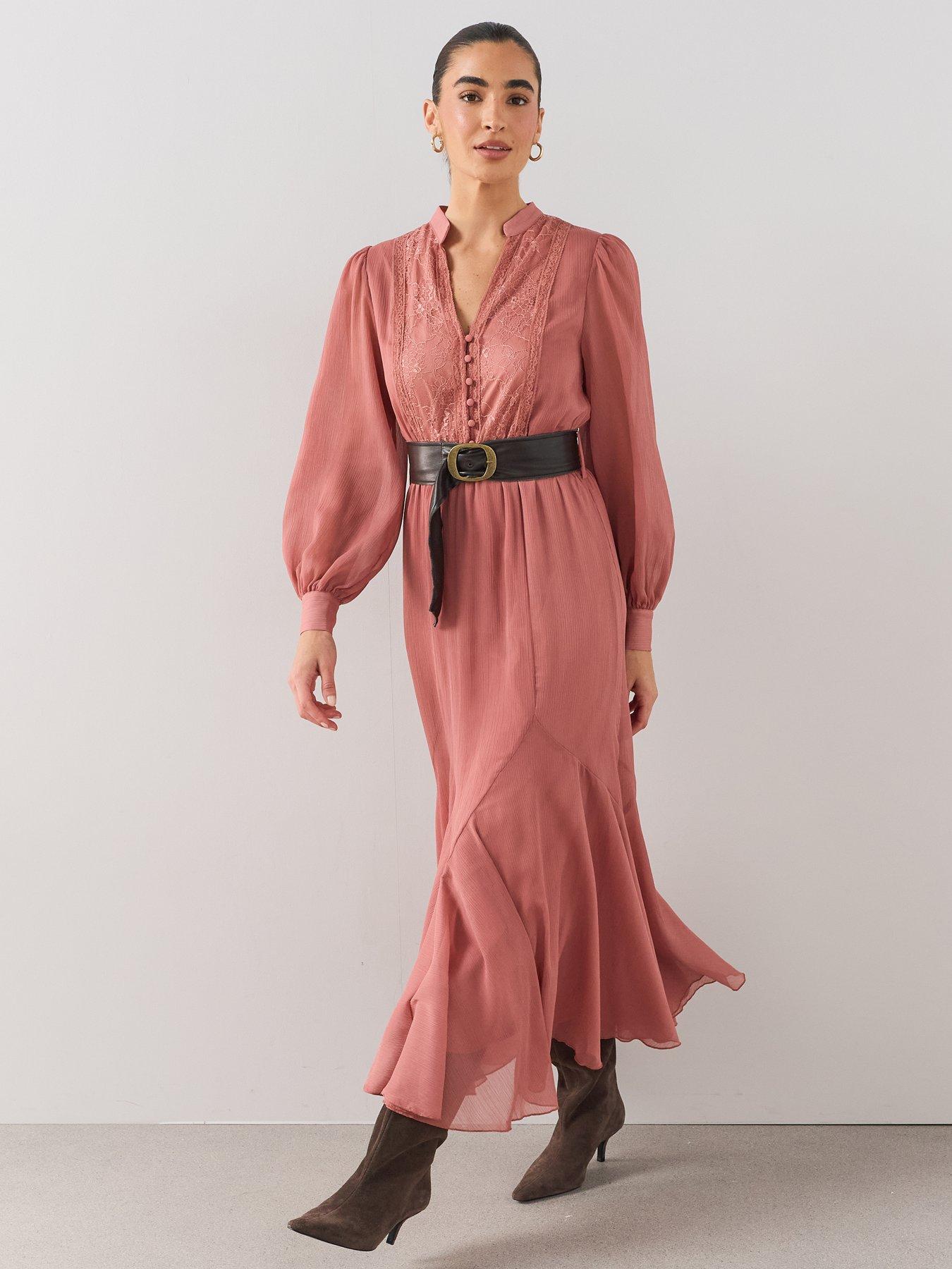 Image 3 of 7 of The Very Collection Lace V Neck Godet Hem Belted Midaxi Dress - Pink