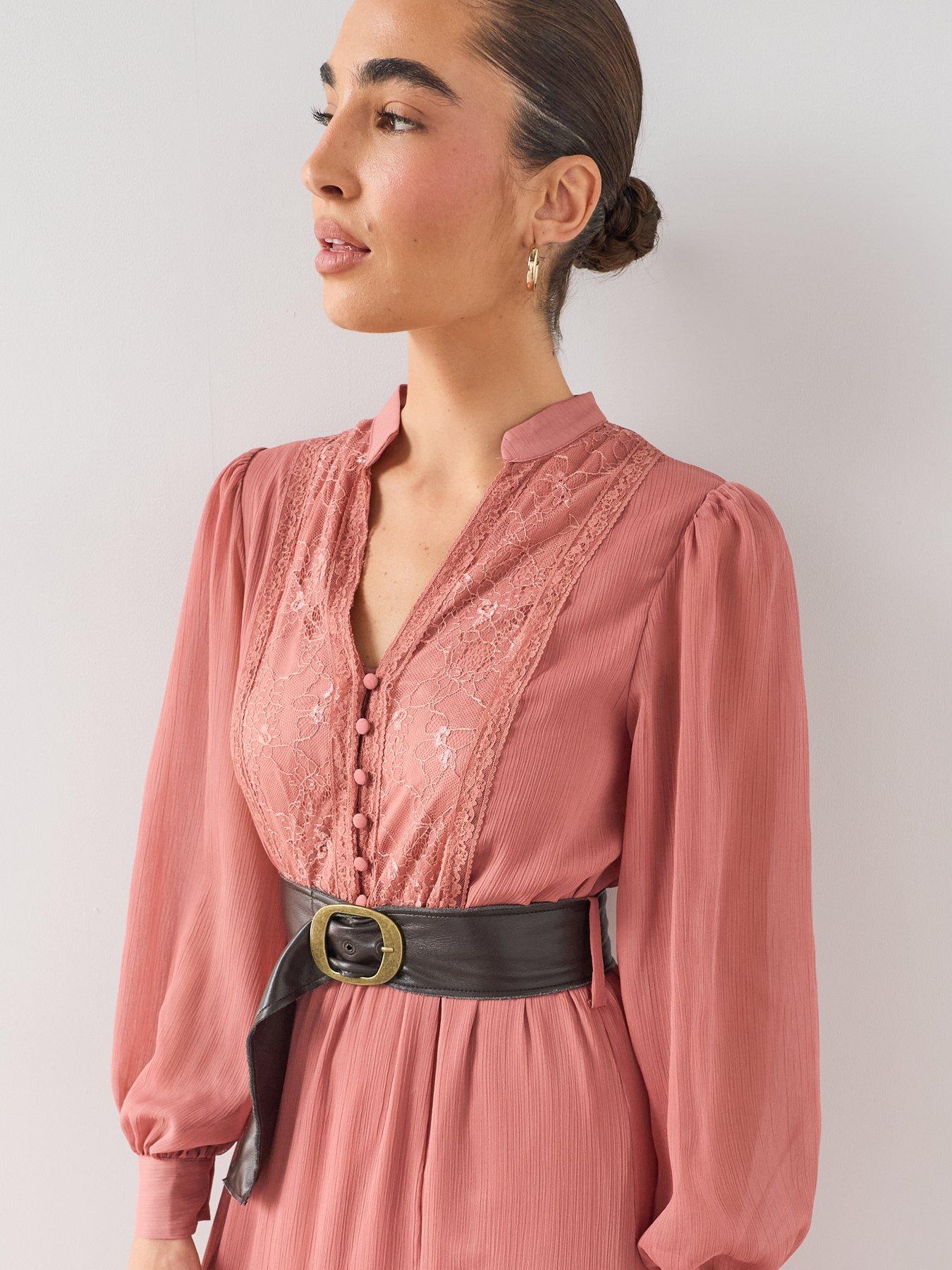 Image 4 of 7 of The Very Collection Lace V Neck Godet Hem Belted Midaxi Dress - Pink